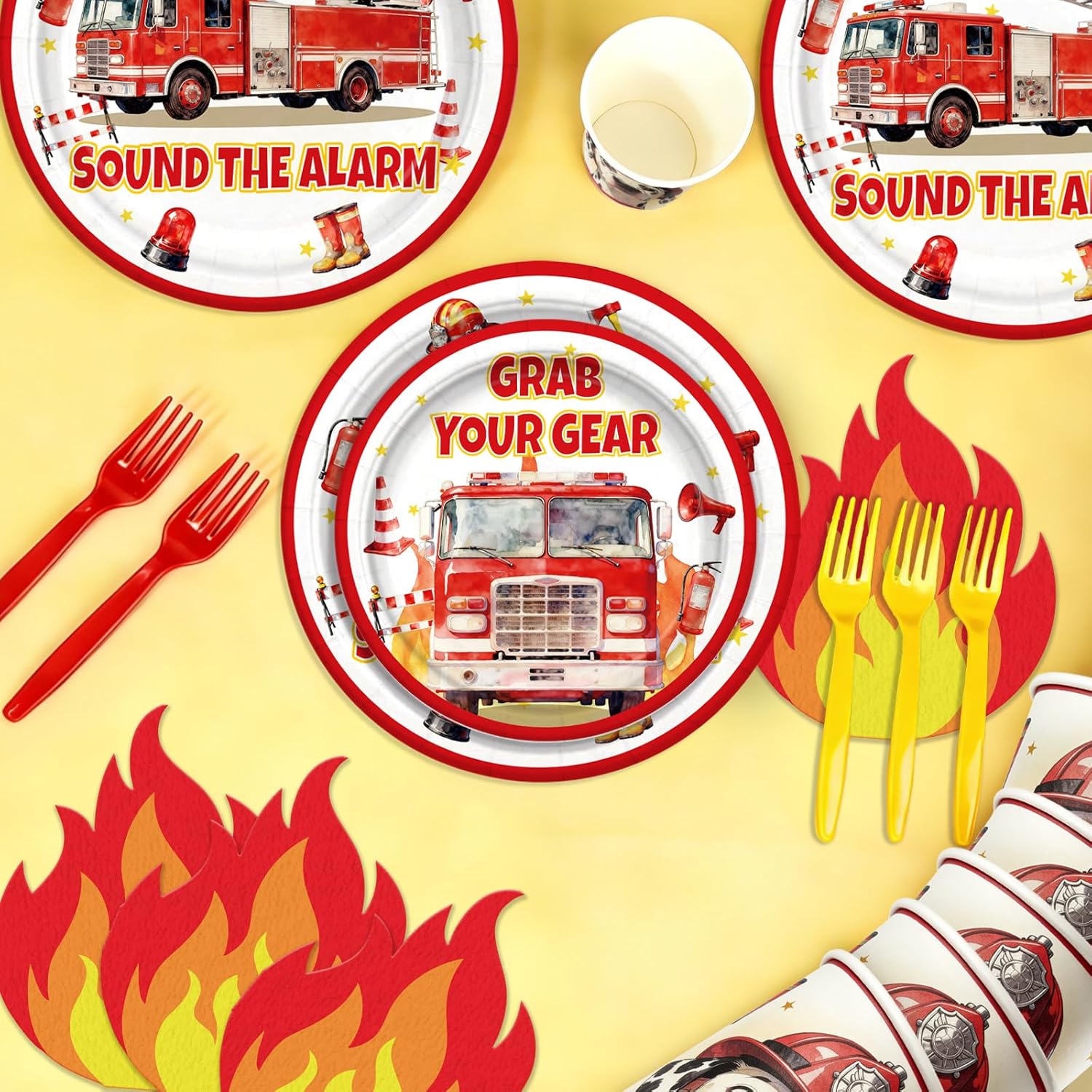 NeoRov 208 Pcs Firetruck Birthday Decorations Tableware Set - Service 25 Guests - Includes Banner, Cake Topper, Balloons, Plates And Napkins Paper Cup - For Firefighter Party Decorations