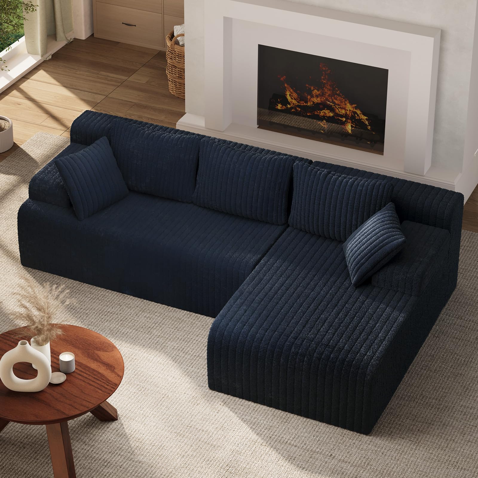 LAUSAINT HOME 96" Modular Sectional Sofa Couches, L-Shaped Boneless Cloud Sofa with 3 Deep Seat, 5 Cushiones Oversized Chaise for Living Room, Bedroom, Plush Corduroy Fabric (Right, Navy Blue)