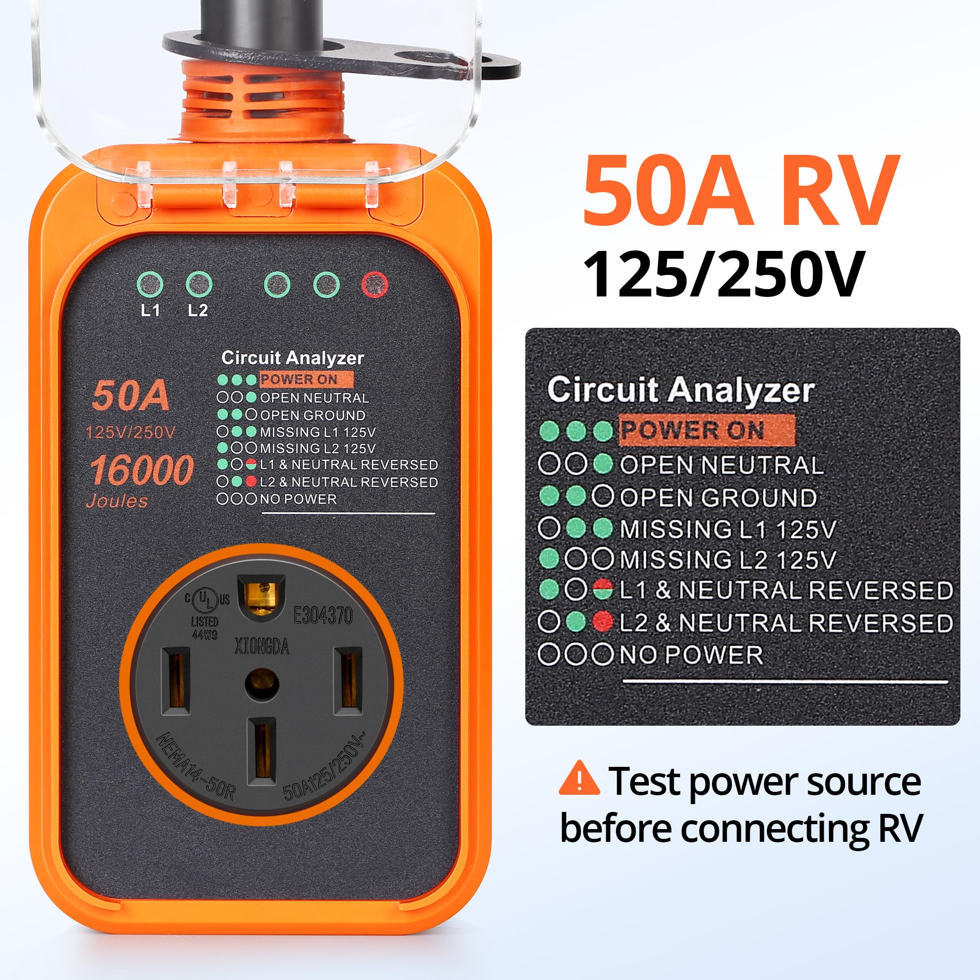 Protezione da sovratensione RV 50 Ampere, protezione da sovratensione, 16.000 Joule migliorata con copertura impermeabile e antifurto digitale, analizzatore del circuito tutto in V