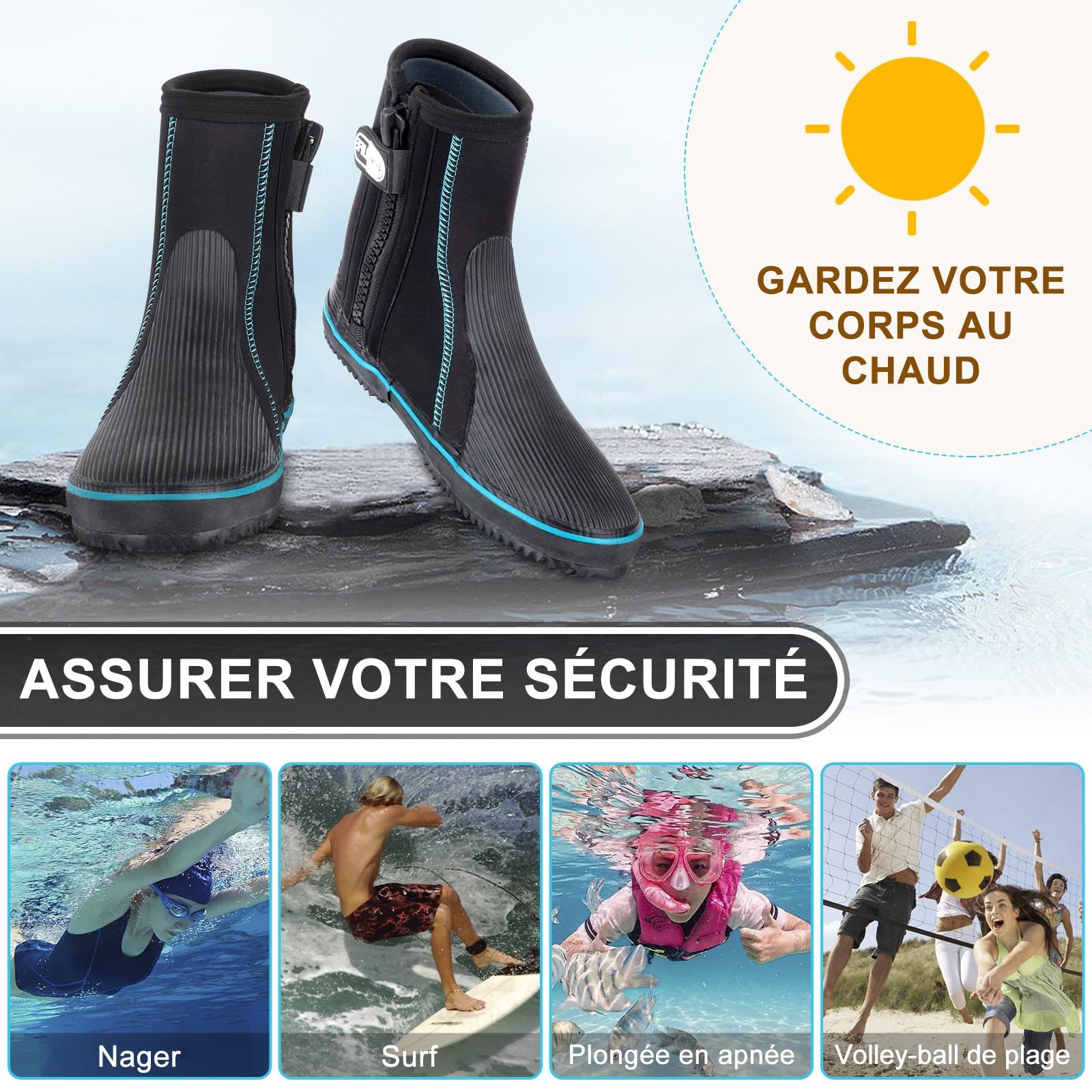 Gimilife Bottes de Plongée 5 mm Neopréne, Chaussures de Plongée Hommes Femmes, pour Plongée Tuba Surf Plage Volley-Ball
