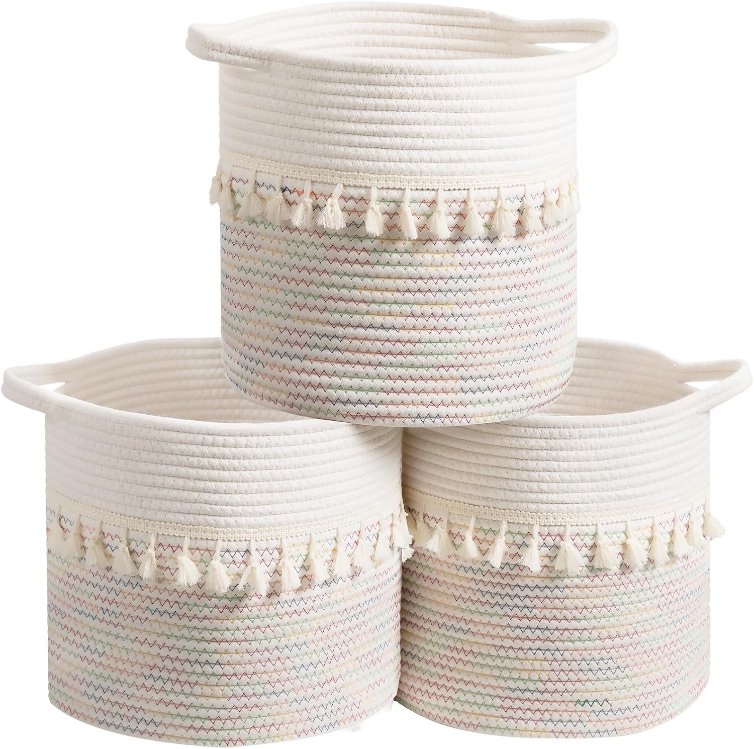 danpinera Set of 3 Woven Baskets, 11″x11″ Woven Baskets for Storage with Firm Handles, Small Boho Storage Basket for Shelves, Towel, Toys, Keys, Decorative Storage Basket, Rainbow