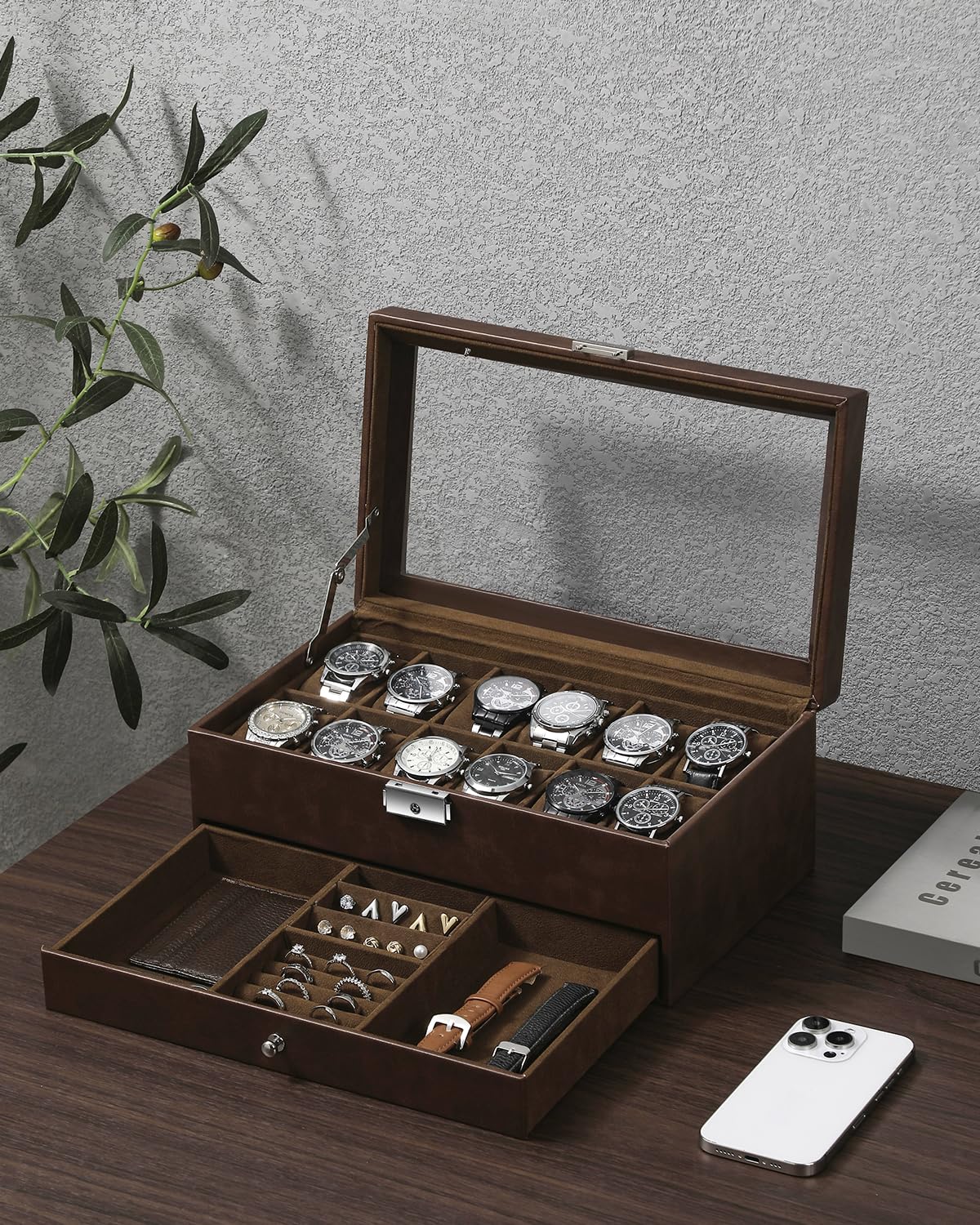 Boîte à montres pour 12 montres, à 2 étages avec couvercle en verre et tiroir, pour homme, avec serrure à clé, cadeau parfait pour homme, pour bagues, boutons de manchette et montres, marron