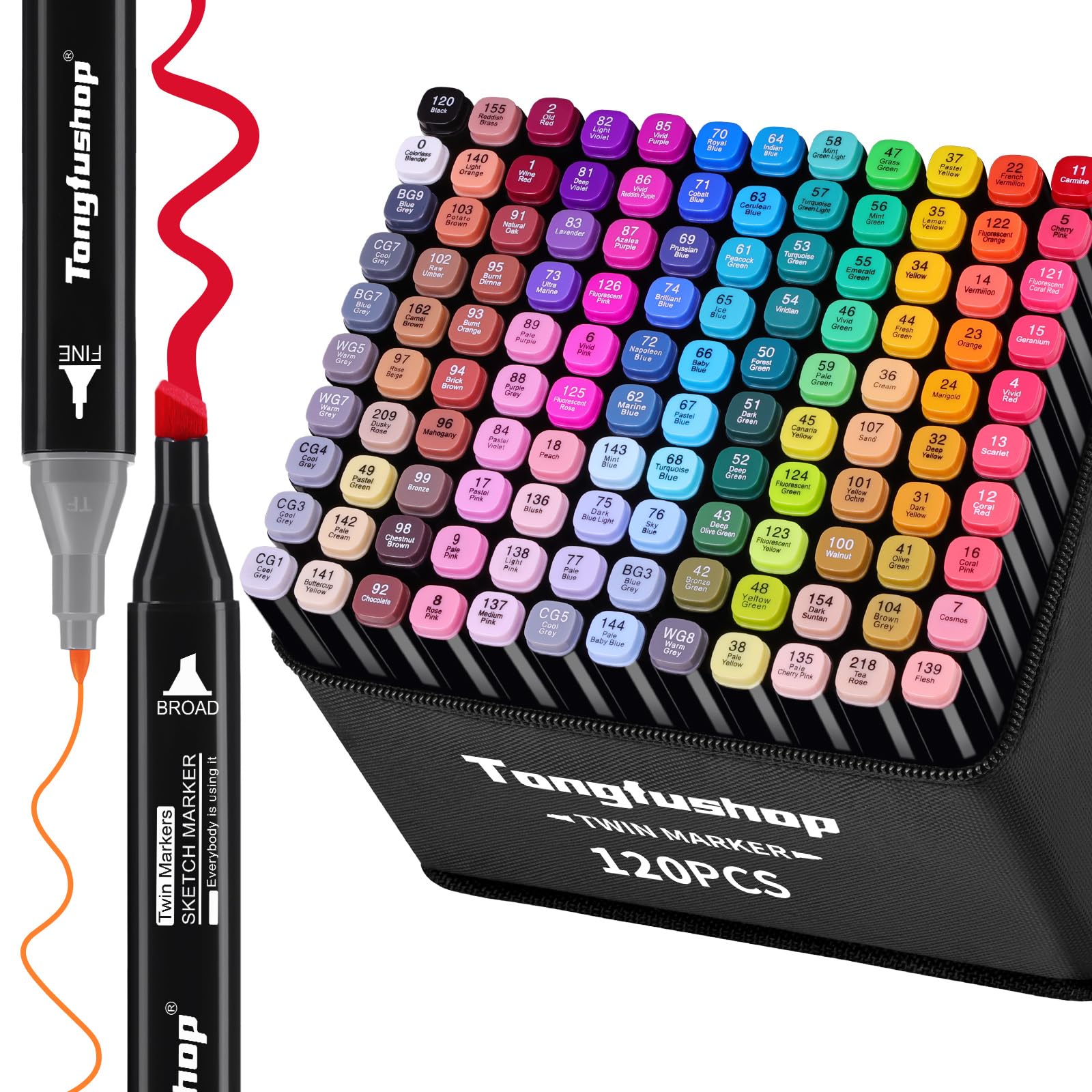 Tongfushop Marcatore 120+2 Colori, Pennarelli ad Alcool, Pennnarello a Doppia Punta, Marker Set con Borsa e Distanziatore, Adatti per Sketch, Colorare, Illustrazioni, Disegnare, Anime