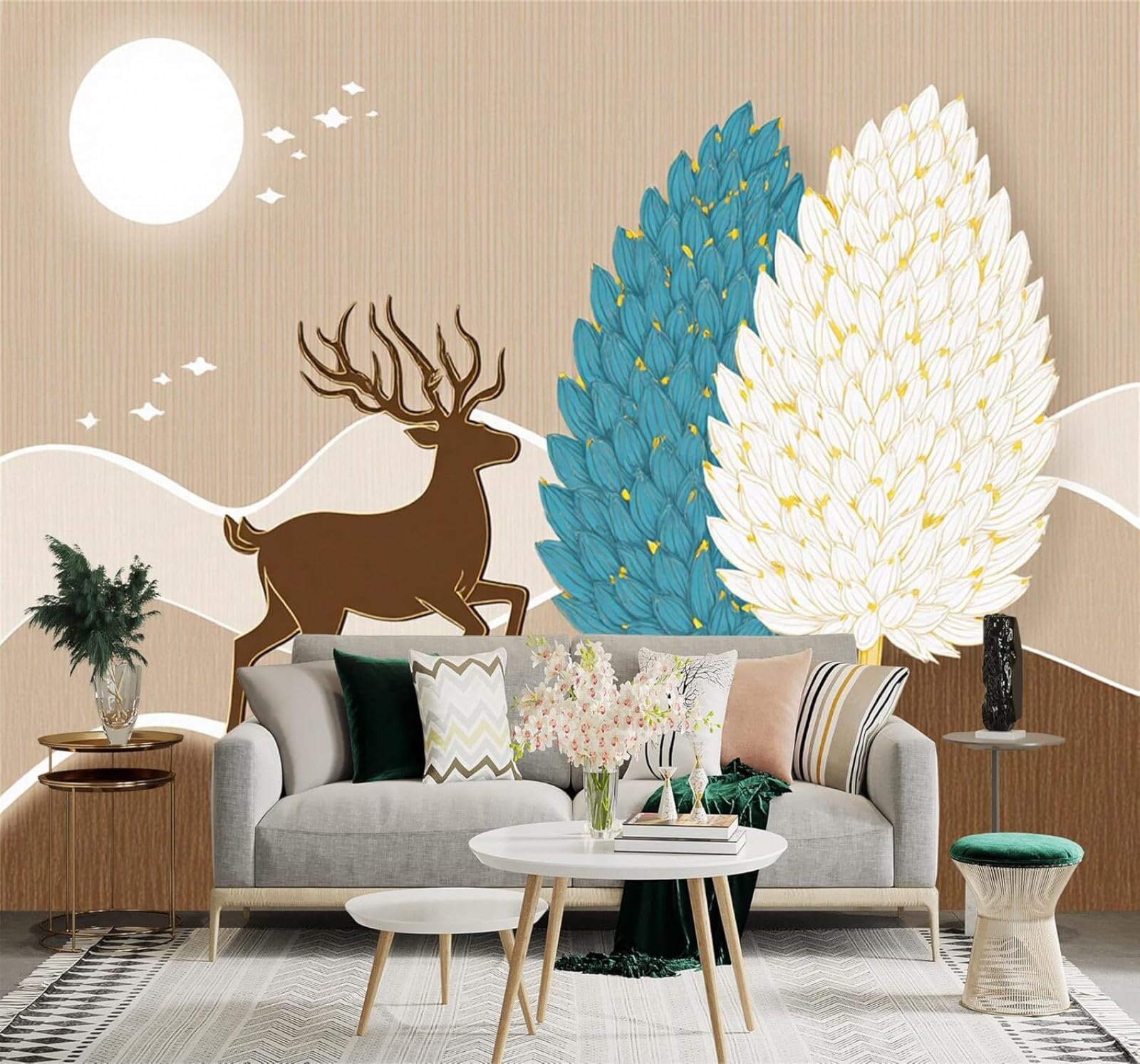 XLMING Creative Moon Deer Beige Hills Colourful Trees 3D Wallpaper Silky Texture Home Study Office Grey Dining Room Sofa Bedroom Living Room TV Backdrop-350cm×256cm