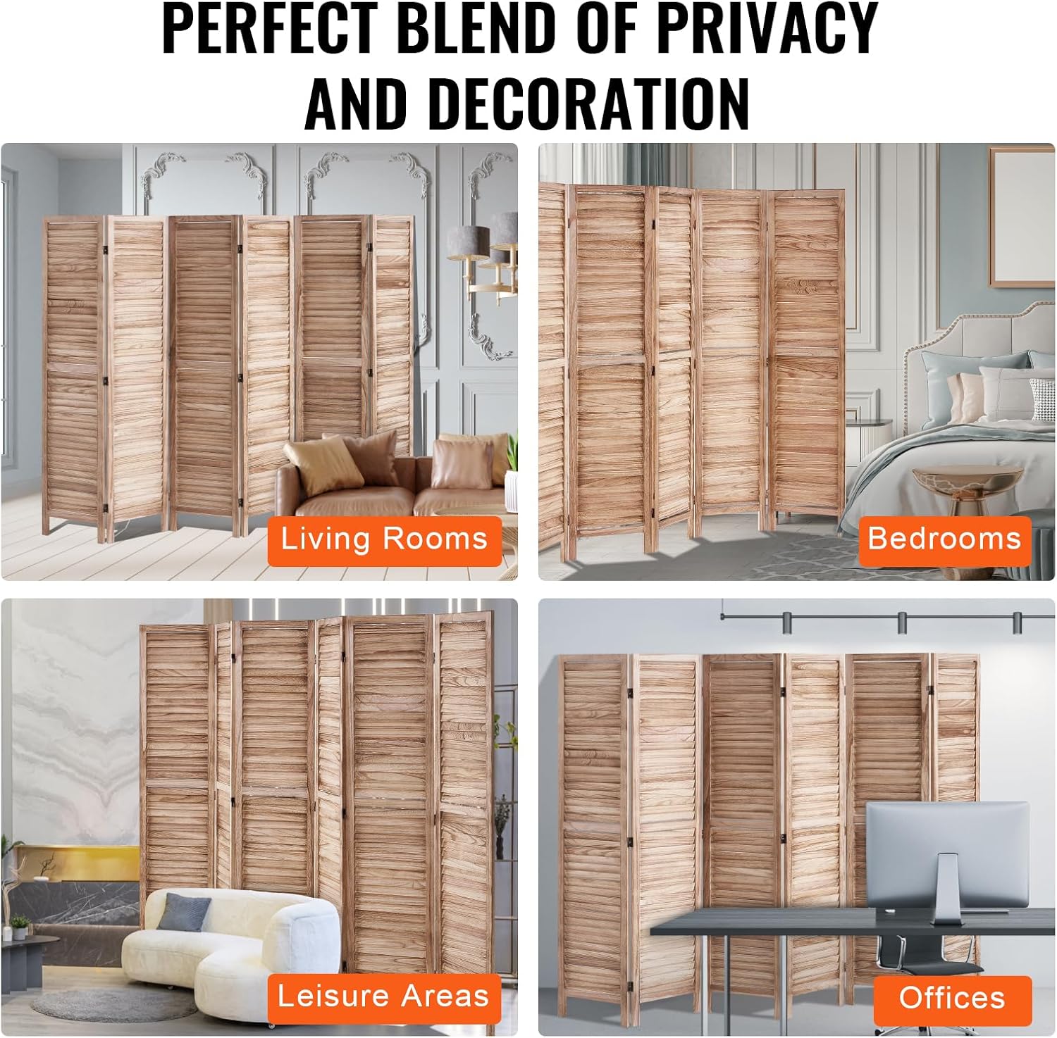 VEVOR Wood Room Divider, 6 Panel Wood Folding Privacy Screen, 66.9 Inches Tall Indoor Louvered Partition Divider, Portable Decoration Screen, for Room Separation, Home, Office, Restaurant & Bedroom