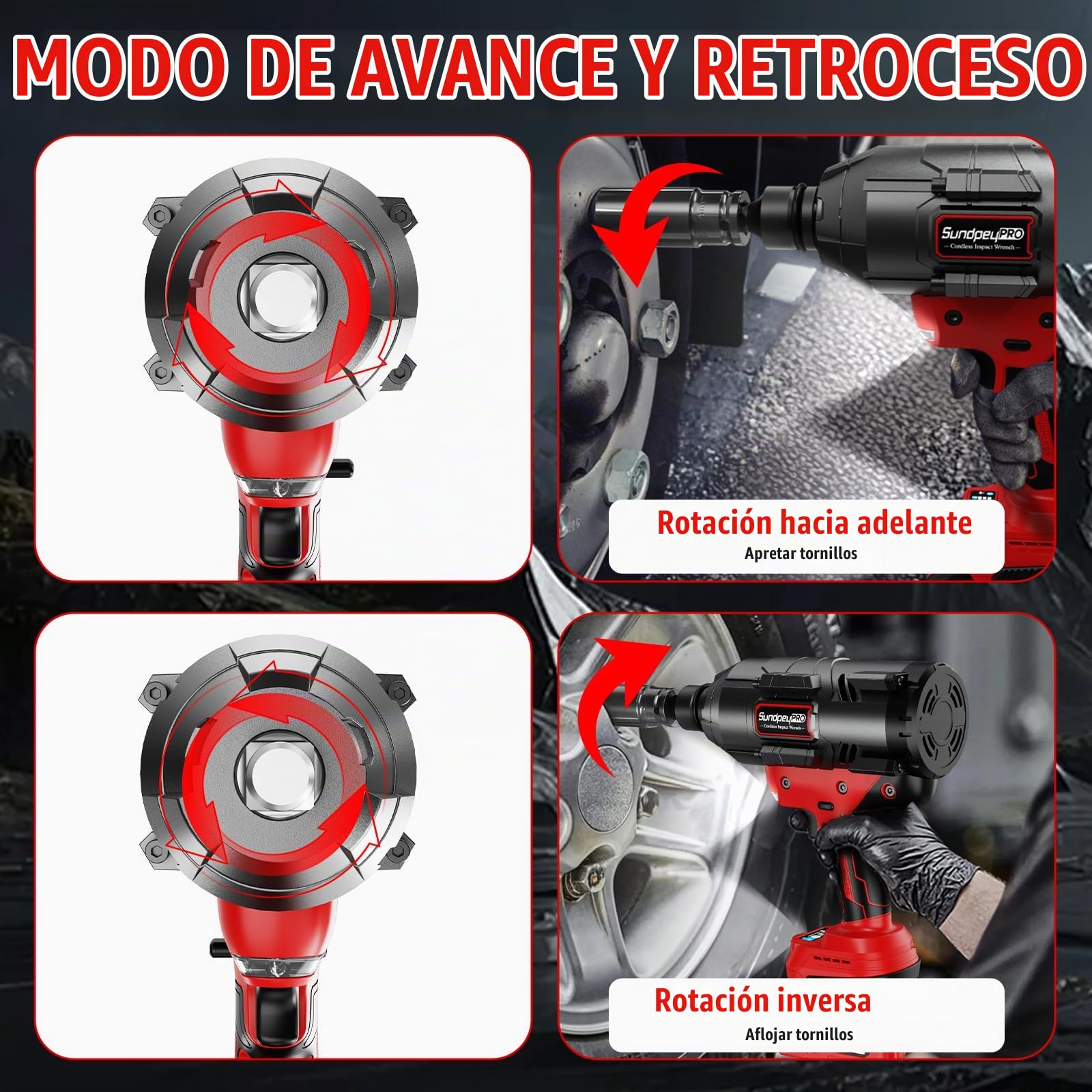 Llave de Impacto Inalámbrica 3/4'', Kit con 2 Baterías 4.0Ah y Cargador Rápido, Pistola de Impacto Incluye 5 Sockets de Impacto (17/19/21/22/24mm) y Adaptador 3/4" a 1/2", Rojo