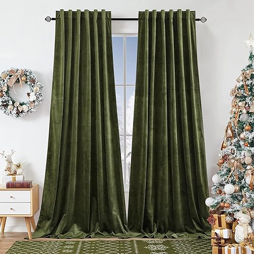 Dchola Olive Green Velvet Curtains for Bedroom Window with Back