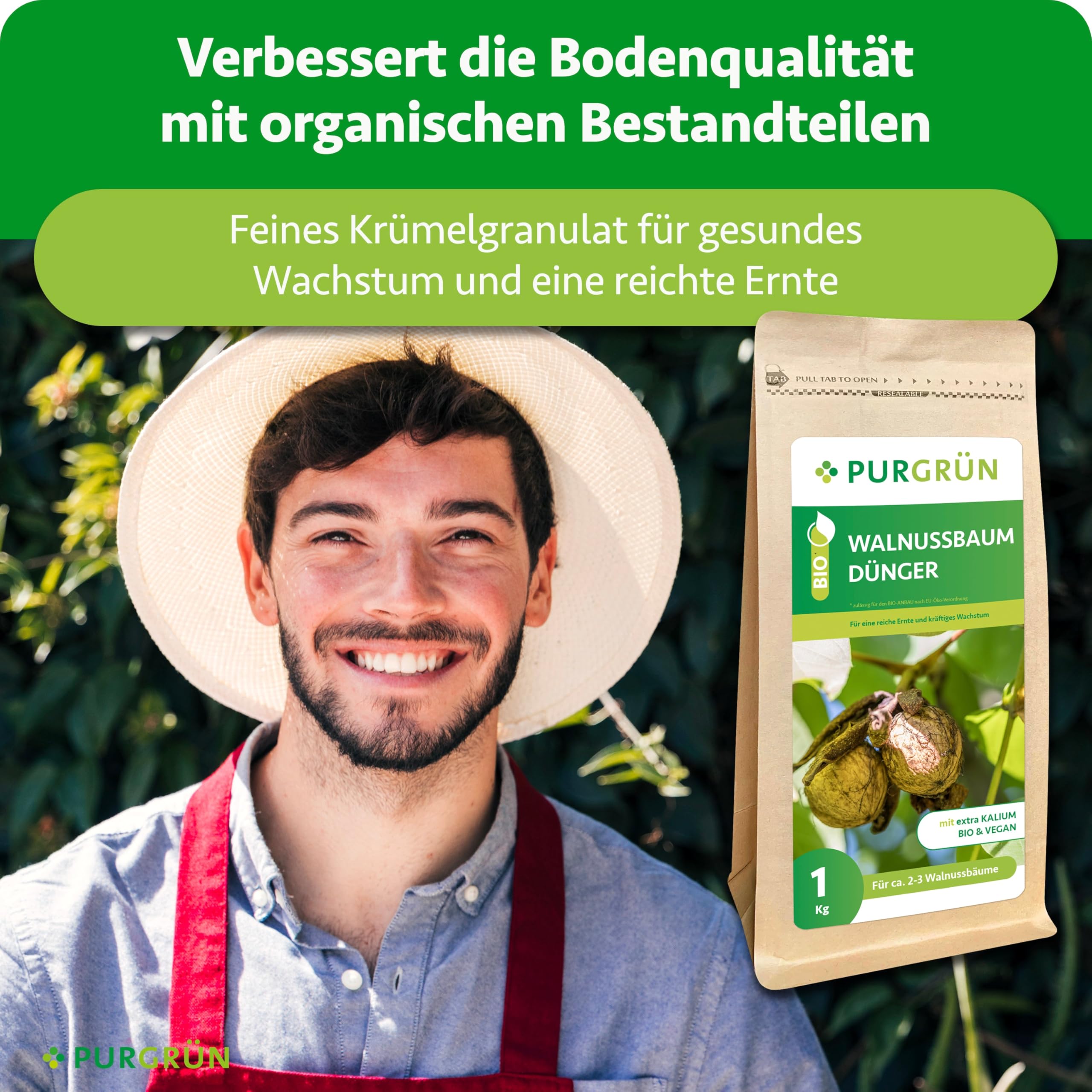 Bio-Walnussbaum-Dünger 1 kg – Organisch-mineralische Rezeptur – Feinkörniges Krümelgranulat – NPK 6+2+7 – Mit Magnesium für aromatische Nüsse – Verbessert die Bodenqualität
