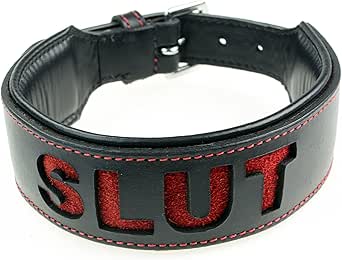 Plesur Company Genuine Leather Human Bondage Slut Slave Choker, Sub Collar Leather Collar Goth, Black and Red