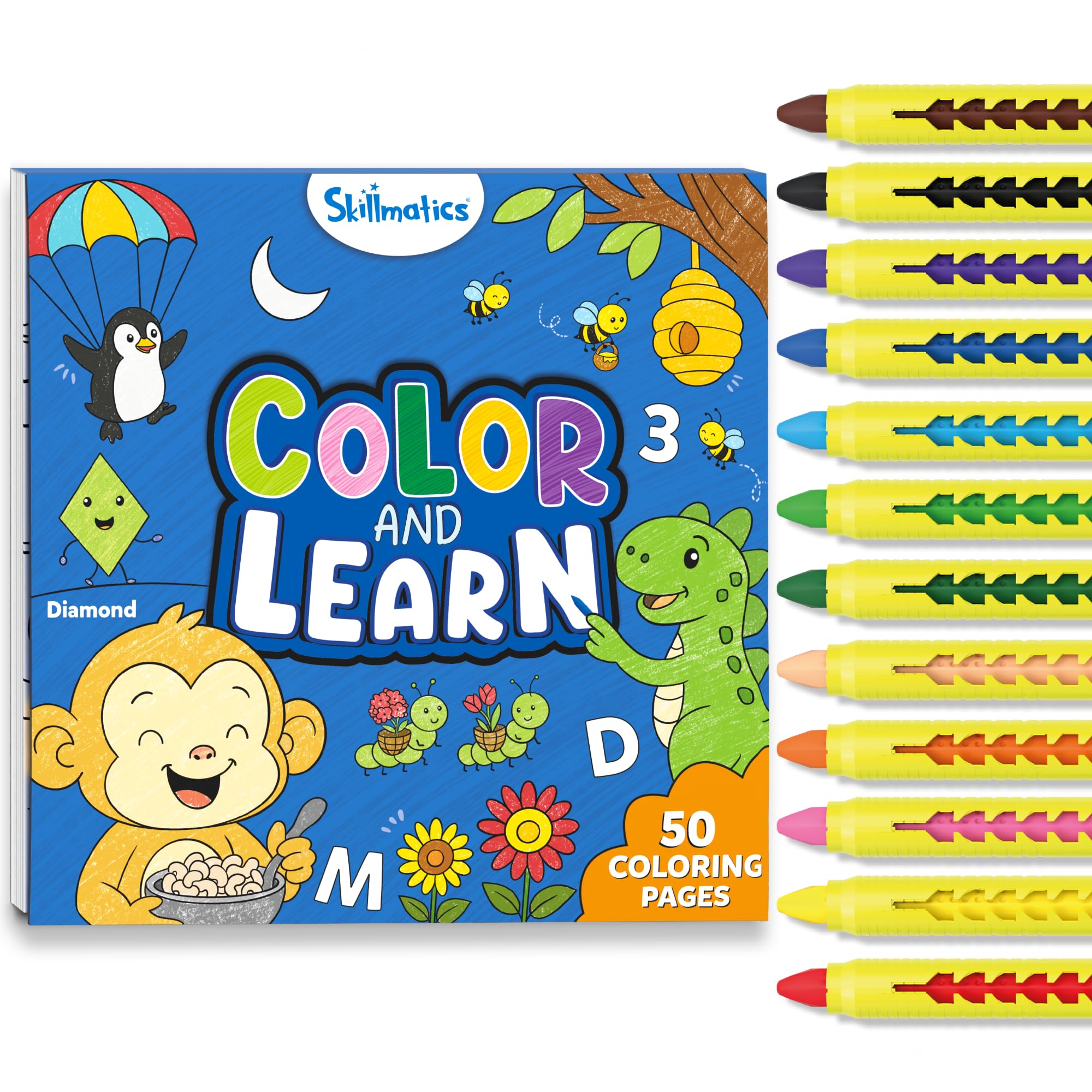 Skillmatics Colour & Learn Activity Book, Letters, Numbers, Phonics & Shapes, 12 Retractable Mess-Free Crayons & 50 Pages