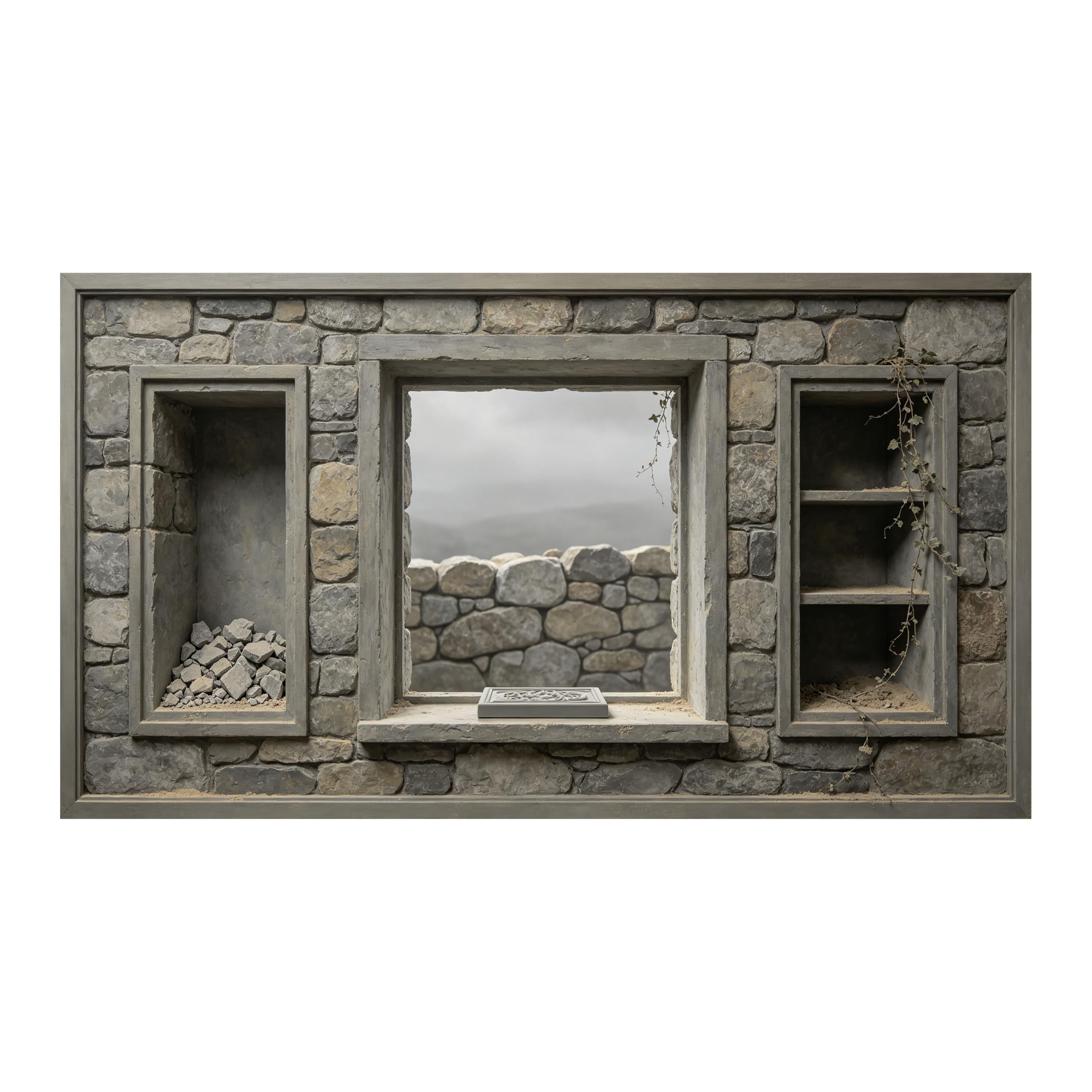 Yzpallescene 3D Framed Wall Art Rustic Stone Window Trompe Loeil Large Size SelfAdhesive Removable Wall Decor Prints Artwork for Living Room Bedroom Office