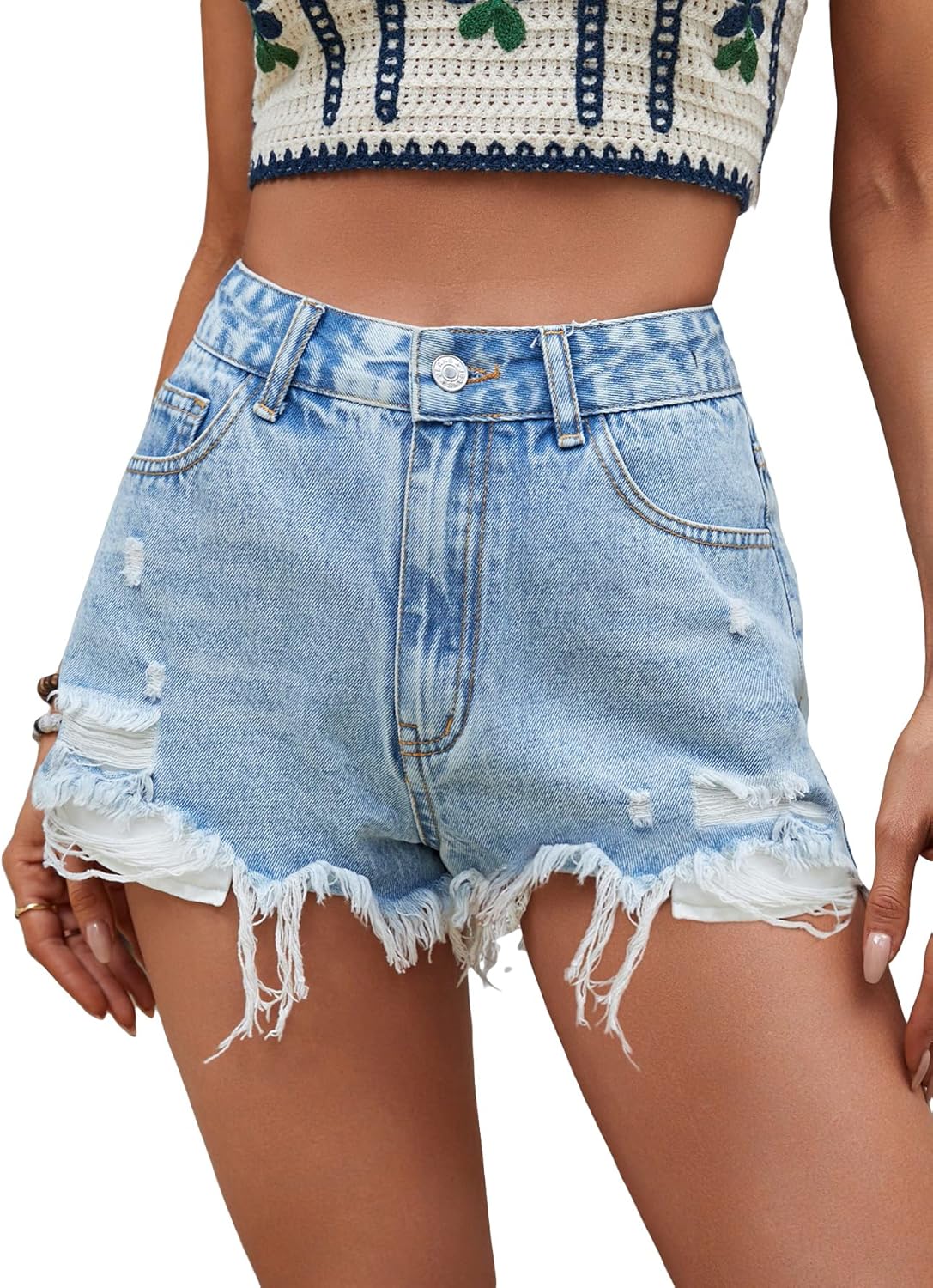 MakeMeChic Women's High Waist Ripped Raw Hem Straight Leg Denim Shorts with Pocket 27 Light Wash