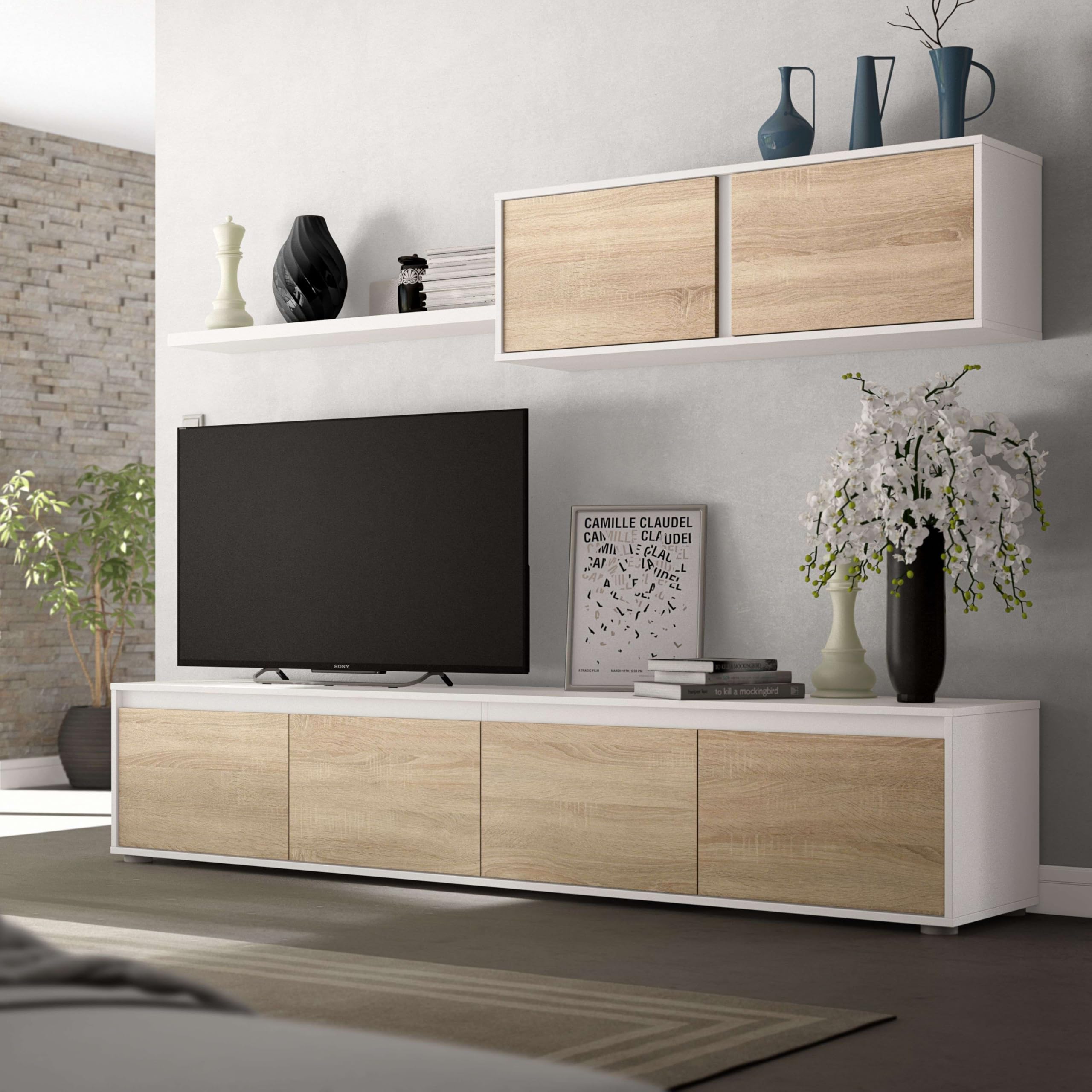 Distrimobel Saetabis Vanilla A10 Parete Giorno, 200 x 41 x 43 H Cm, Rovere, Bianco, Melamina, 10 x 52.5 x 211 cm