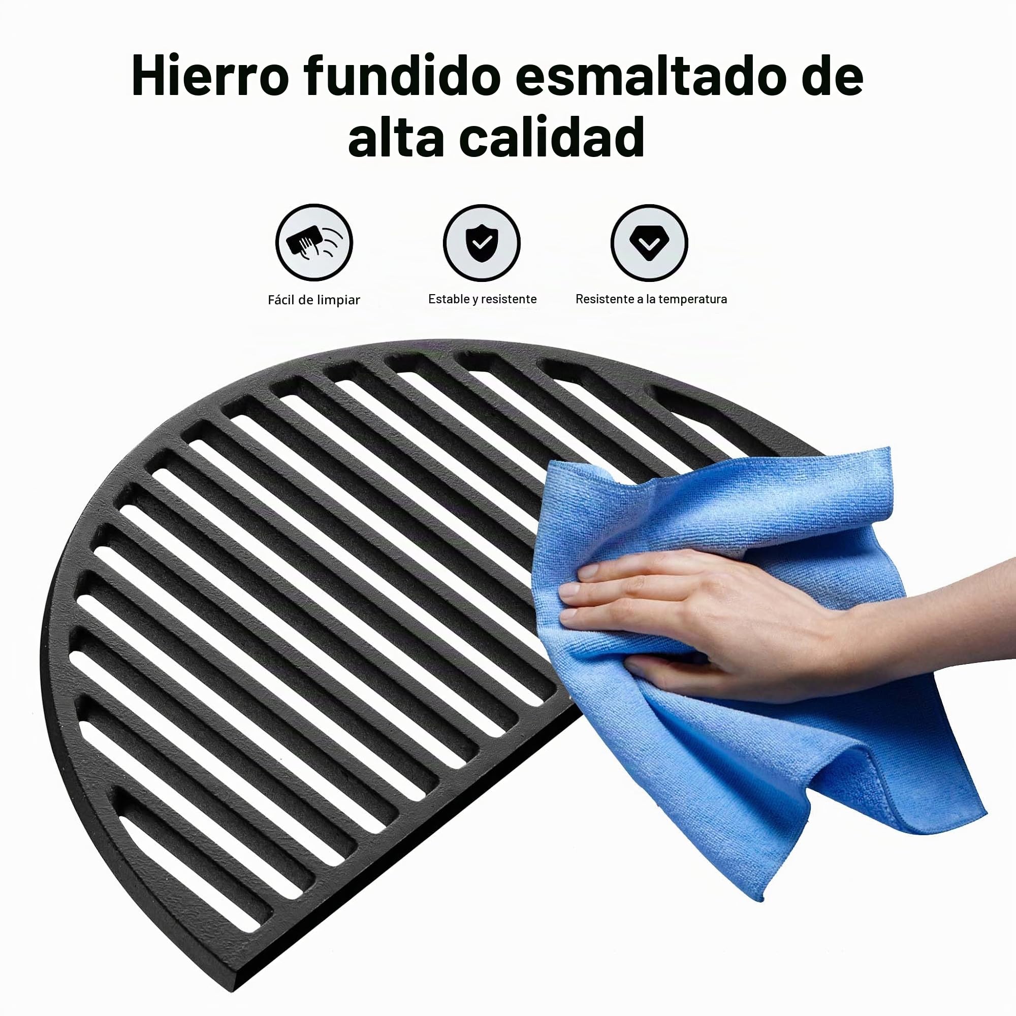 Wiltec Set 1x parrilla y 1x plancha semicirculares de hierro fundido 55 x 26,5 x 0,9 cm para barbacoa, barbecue, BBQ, para carnes, pescados y verduras, fácil de limpiar