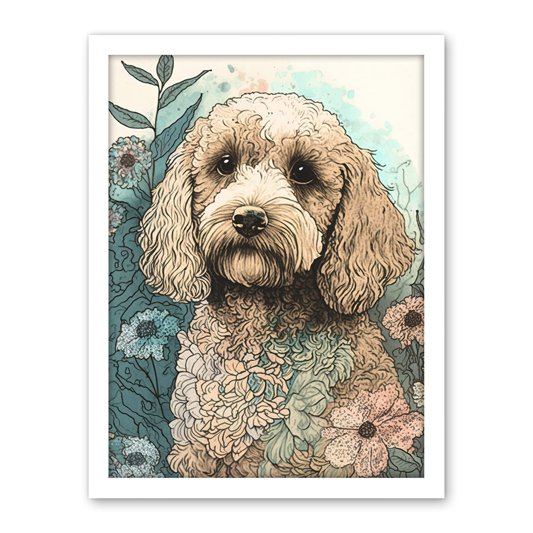 Artery8 Cockapoo Dog in Wildflower Field Pastel Watercolour Illustration Artwork Framed Wall Art Print 18X24 Inch