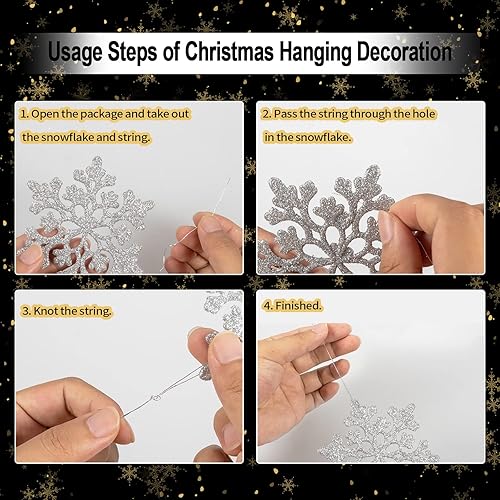 Miniatura 8 de Adornos de copo de nieve para decoración de árbol de Navidad paquete de 42 adornos colgantes de árbol de nieve con purpurina plateada para Navidad