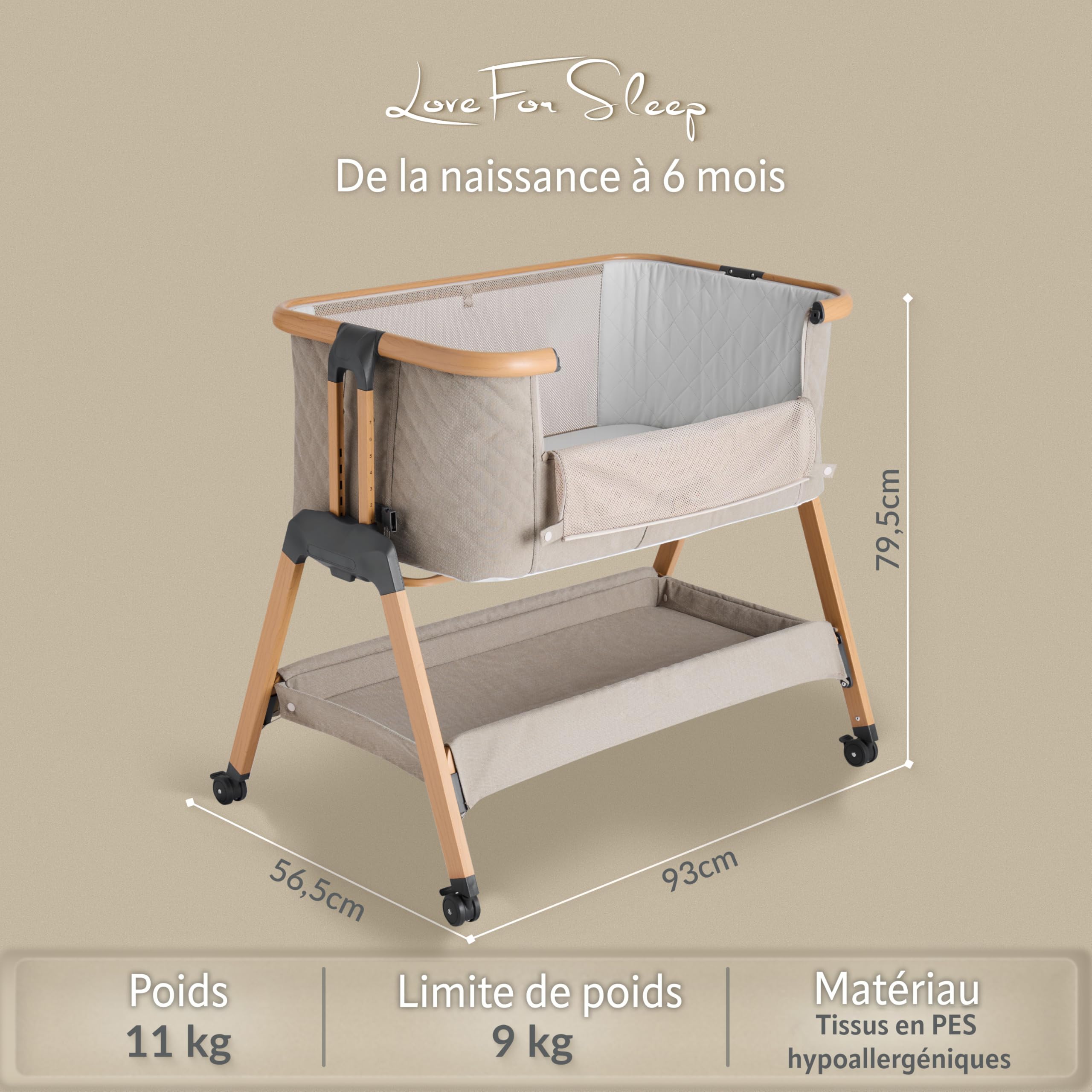 SnooBee Lit Bebe Berceau Cododo Bébé Réglable – Lit Co-Sleeper Nouveau-né avec Matelas, 7 Niveaux de Hauteur, Roulettes, Côtés en Mesh Respirant, Pliable avec Sac de Transport, 0–6 Mois