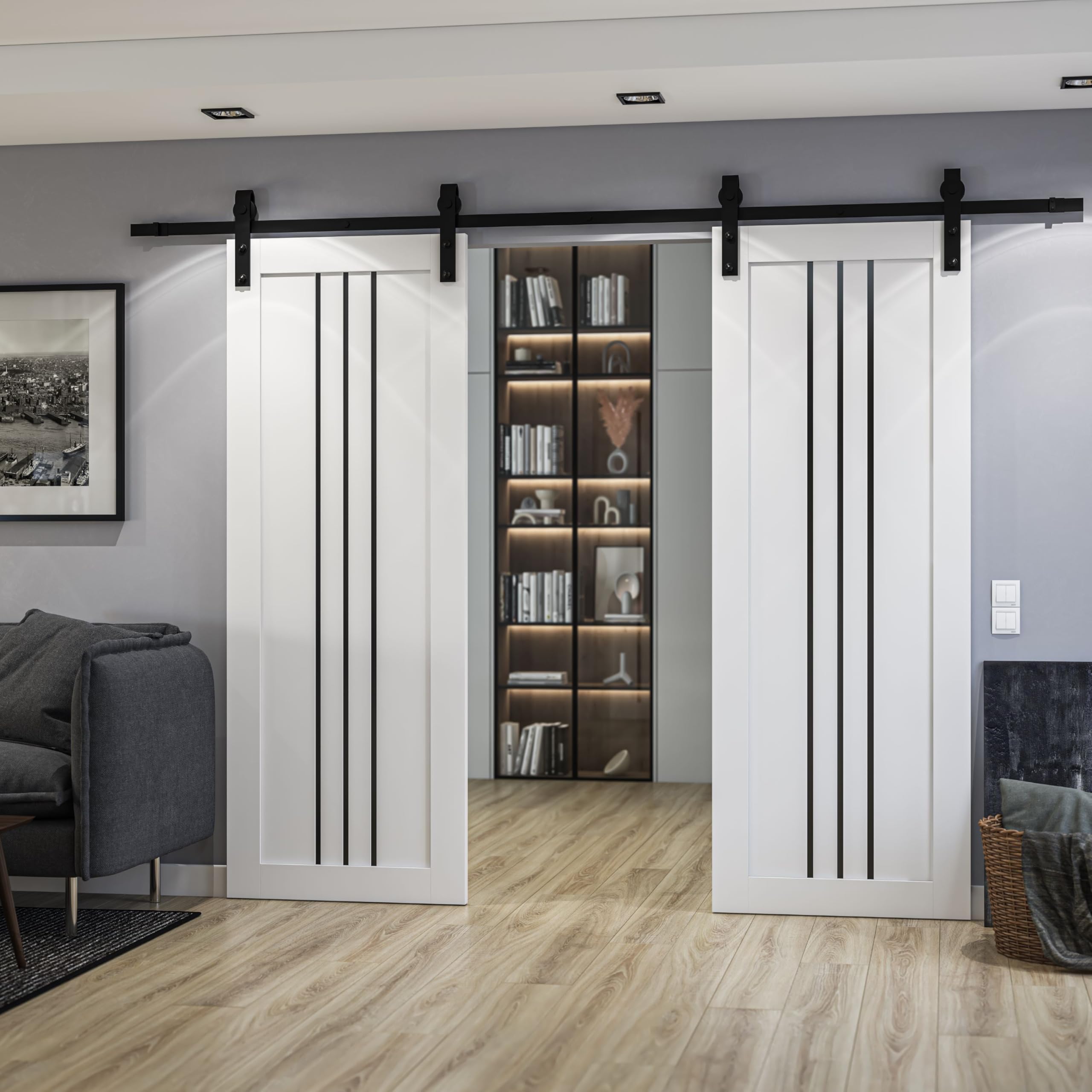SARTODOORS Sliding Double Barn Doors 36 x 96 inches | Base 6094 White Double Barn Doors/Black Rail | Opaque Glass MDF Modern | Living Room Bedroom