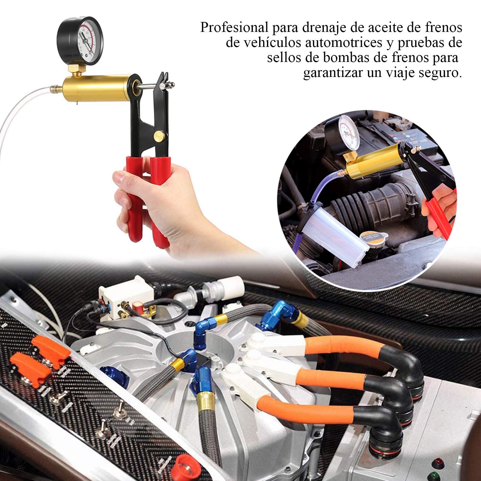 Equipo de Purga de Frenos de Freno de probador de Bomba de vacío con medidor de vacío, Adaptador para Diagnóstico de Motocicleta Coche Moto