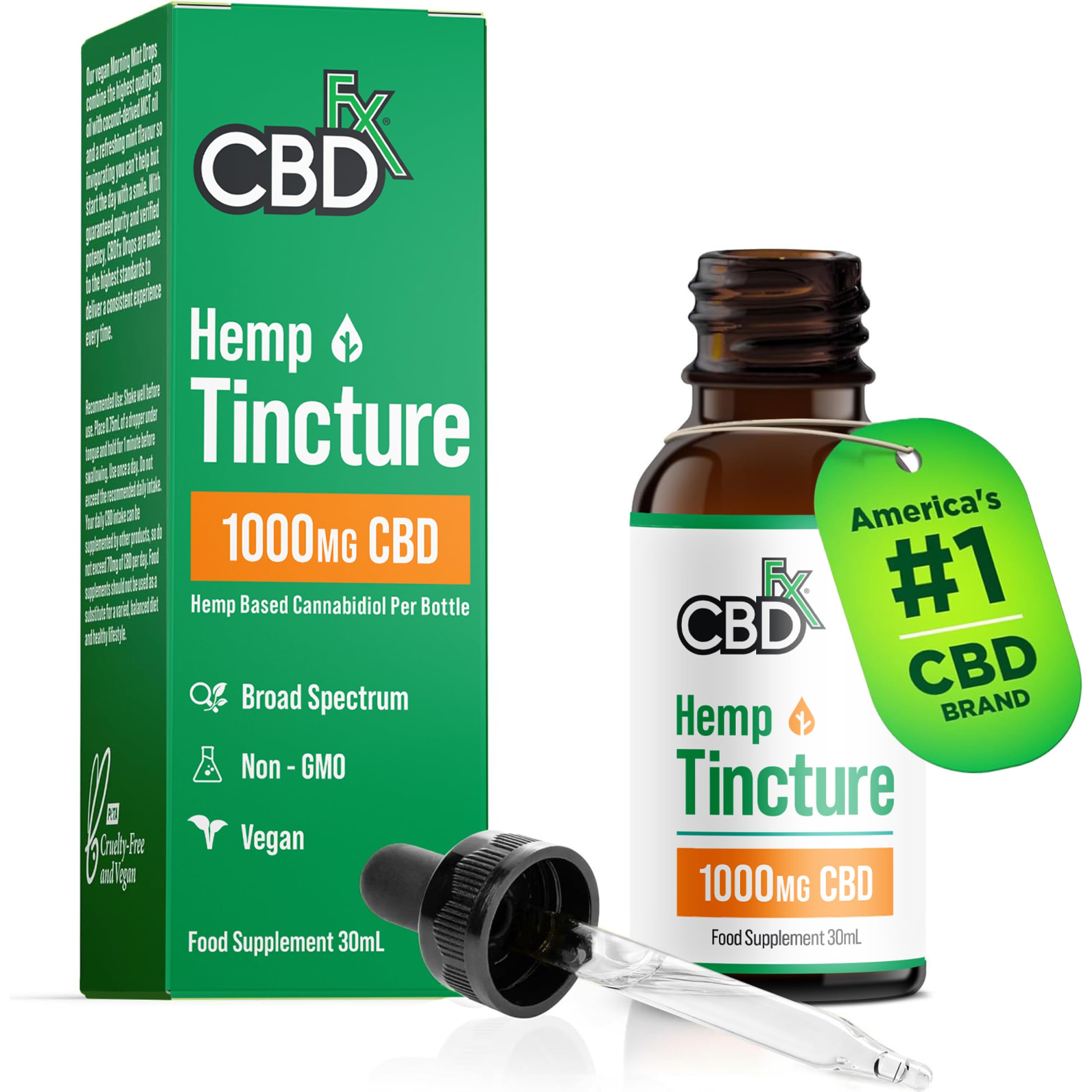 CBDfx 1000mg CBD High Strength CBD Oil, Improved Purity, All Natural, Vegan, Non-GMO, Broad Spectrum, Blended with MCT Oil, No THC, 30ml (30 Days)