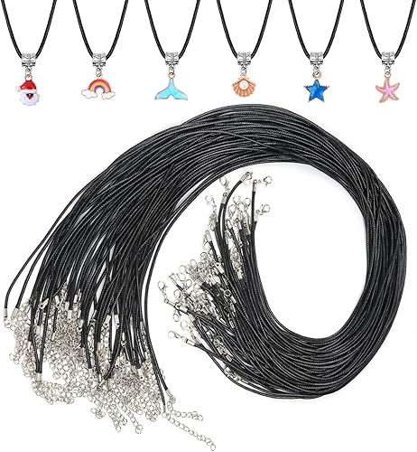 Paxcoo 50 cordones de algodón encerado negro, cuerda de collar de 24 pulgadas con cierre, a granel para dijes, colgantes, pulseras, suministros de
