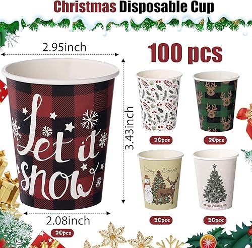 Miniatura 2 de Zhehao 100 vasos de papel de Navidad desechables de 9 onzas, tazas de café de Navidad, tazas de chocolate de chocolate de Navidad, copos de nieve,
