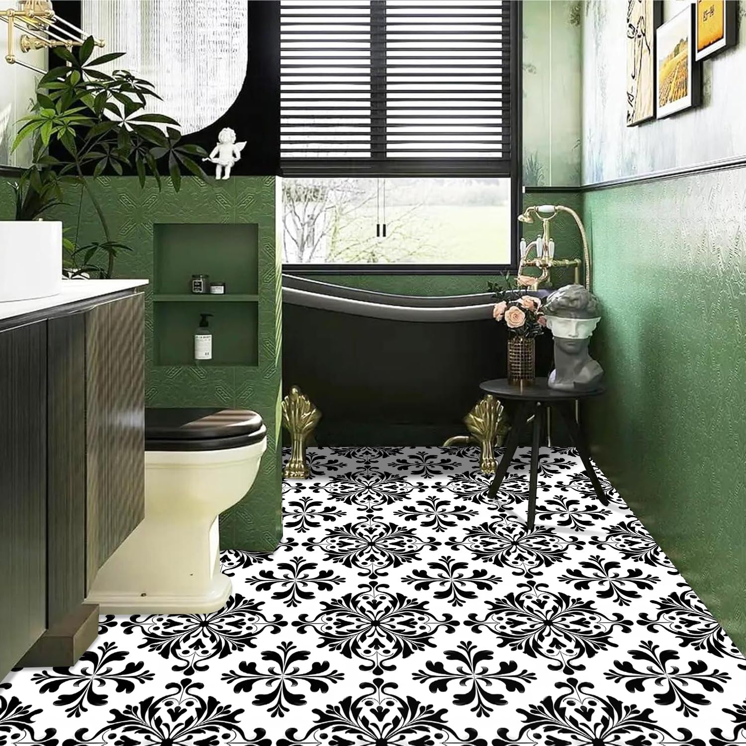 10 azulejos de vinilo retro de 12 x 12 pulgadas, diseño retro de damasco blanco y negro para despegar y pegar, calcomanías de suelo extraíbles e impermeables para baño, entrada, cocina, bar