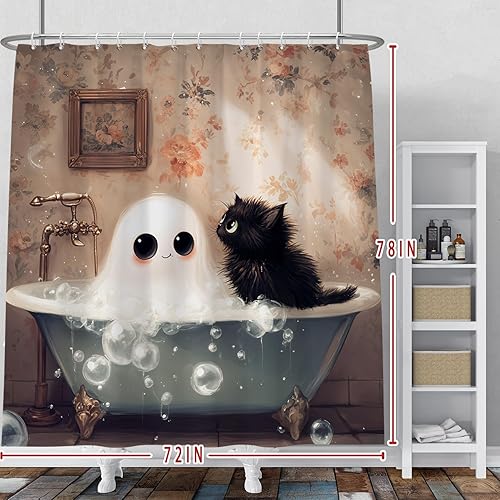 Miniatura 2 de Baocicco Cortina de ducha con diseño de fantasma y gato negro para niños, 72 x 78 pulgadas, espeluznante y bonita, con 12 ganchos, cortina de baño