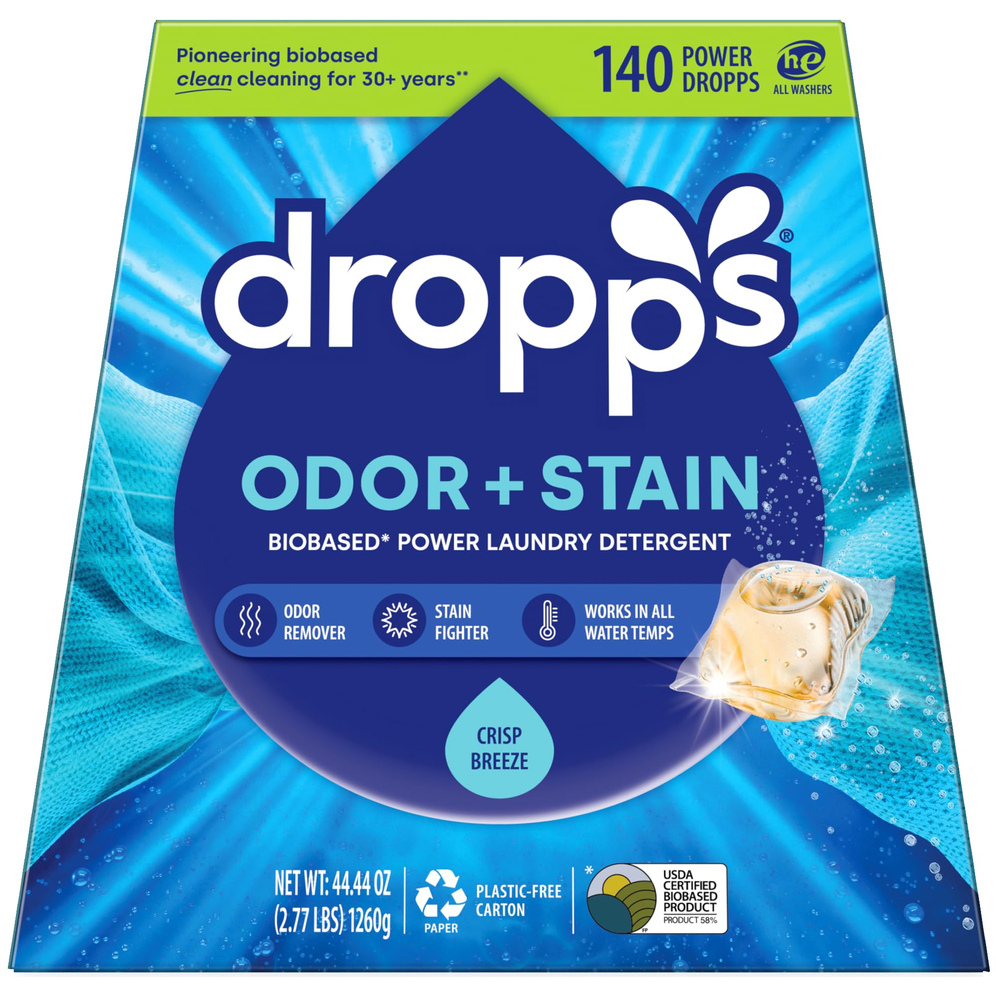 Dropps Odor & Stain Biobased Power Laundry Detergent Pods, Crisp Breeze (140 Pods) - HE Compatible Laundry Pods for Fresh Clothes - Laundry Soap Supplies & Recyclable Paperboard Packaging[Amazon-developed Certification] Compact by Design
