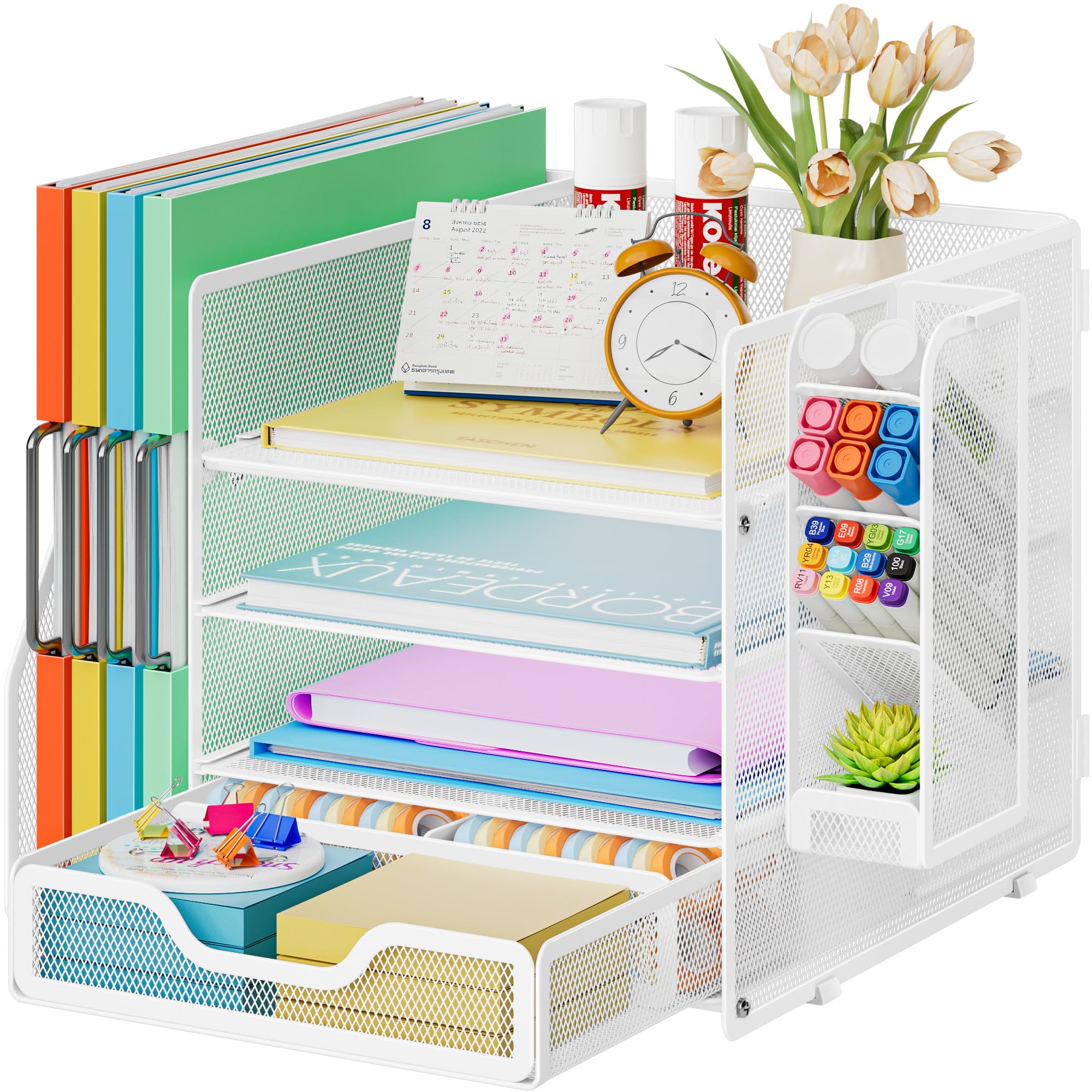 Marbrasse Métal Organiseur De Bureau,4 Niveaux Porte Documents avec Tiroir,Plateau Multifonctionnel pour Papiers Courriers avec Porte-Stylo,pour Bureau,Maison(Blanc)