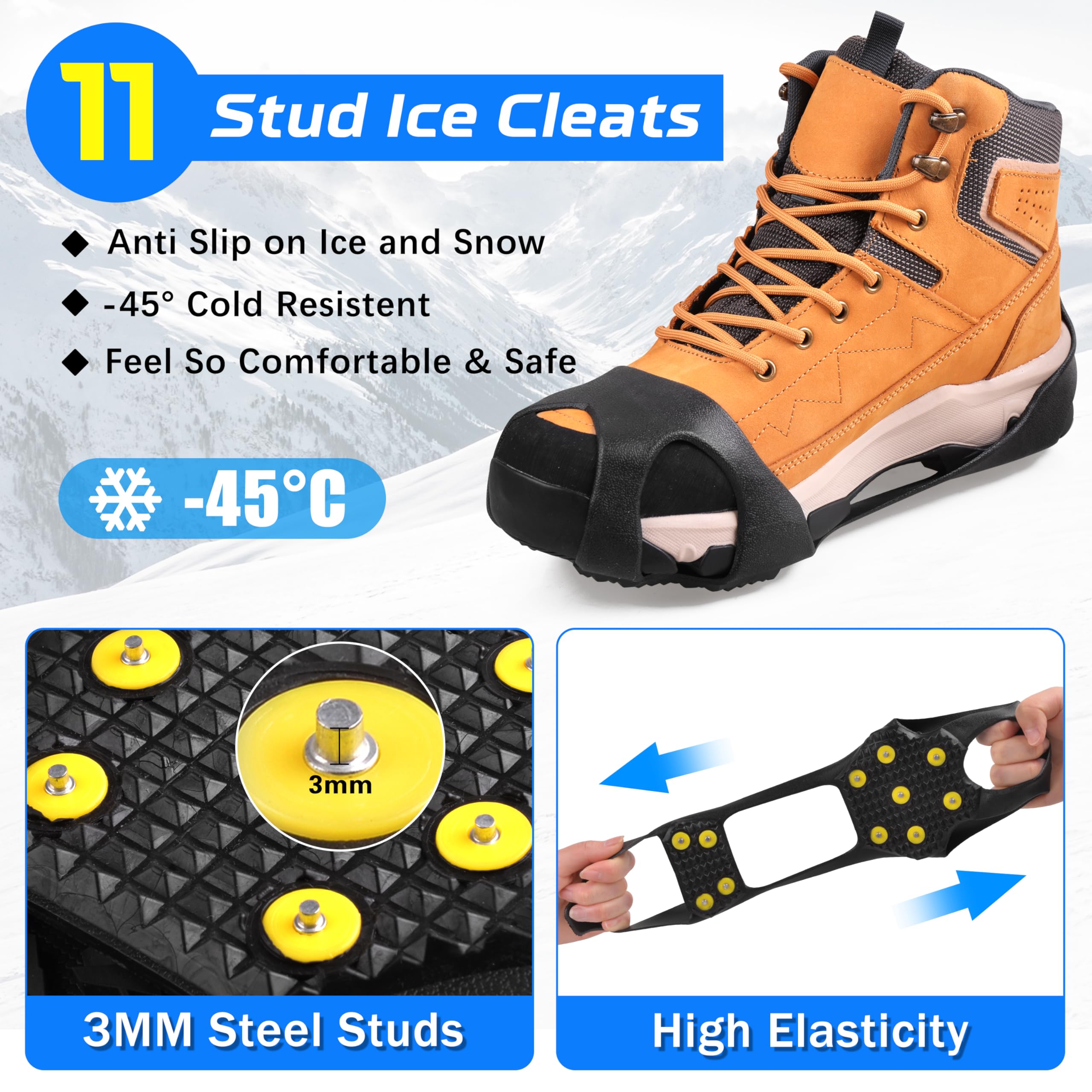 Crampons Antidérapants Pour Chaussures D'hiver - 11 Pointes En Acier Inoxydable - Silicone élastique Résistant Au Froid (-50°C) - 3 Tailles