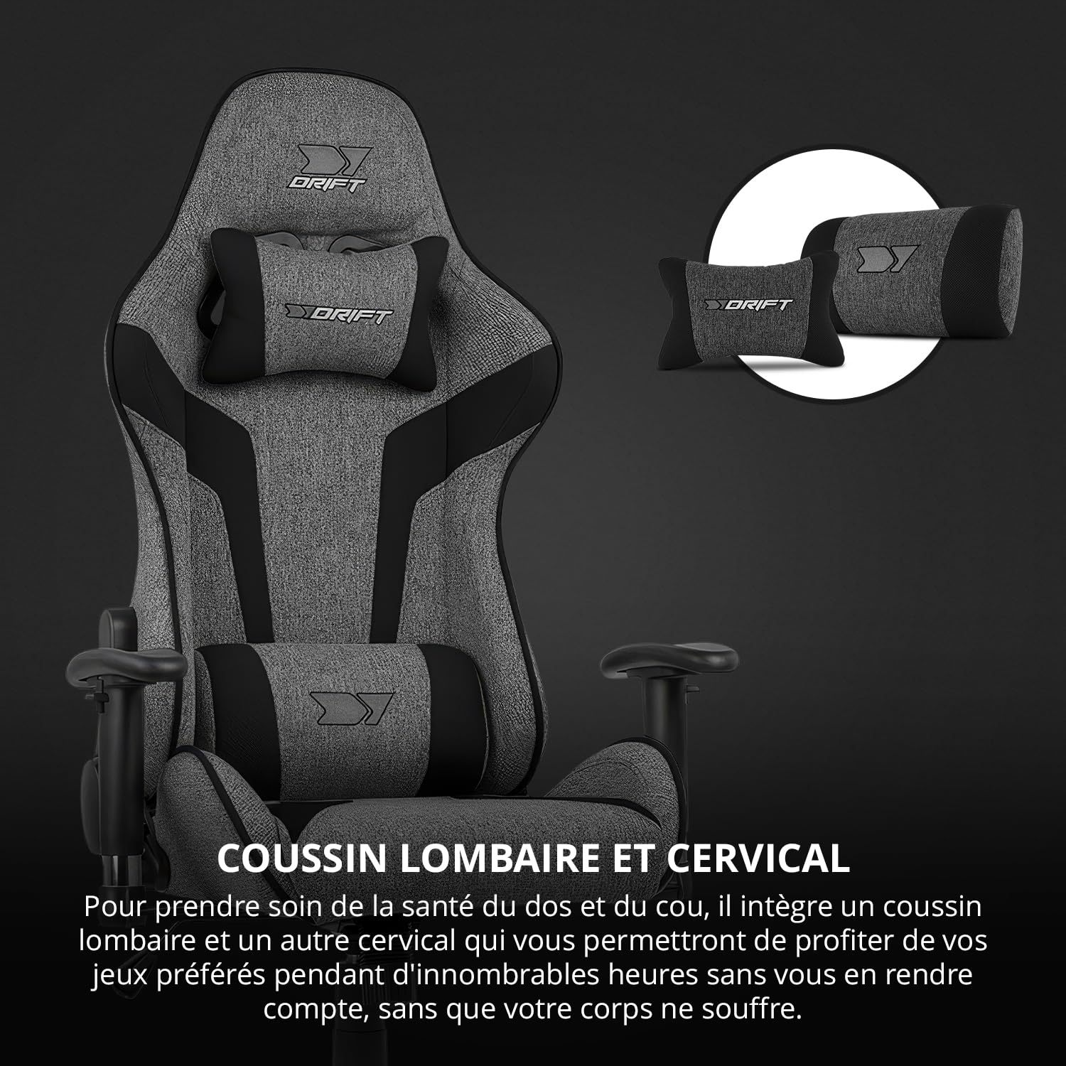 DRIFT GAMING Chair DR90 -DR90DGB - Chaise de Jeu Professionnelle, Tissu, accoudoirs rembourrés 2D, Base en Nylon renforcé, Piston de Classe 4, Inclinaison, Coussin Lombaire/Cervical, Gris/Noir