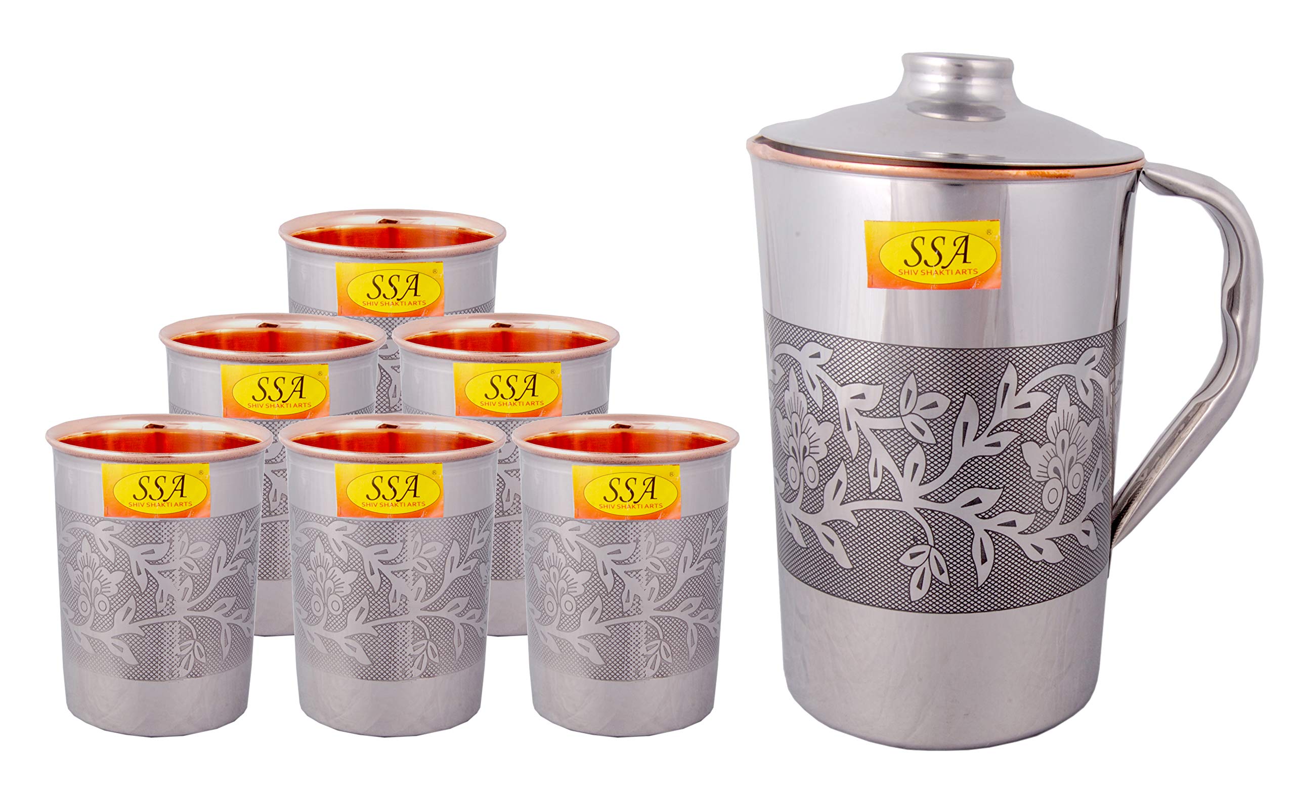 Shiv Shakti Arts Embossed Luxury Engraved Design Steel Copper Jug Glass Set - 7 Pieces Drinkware Set -