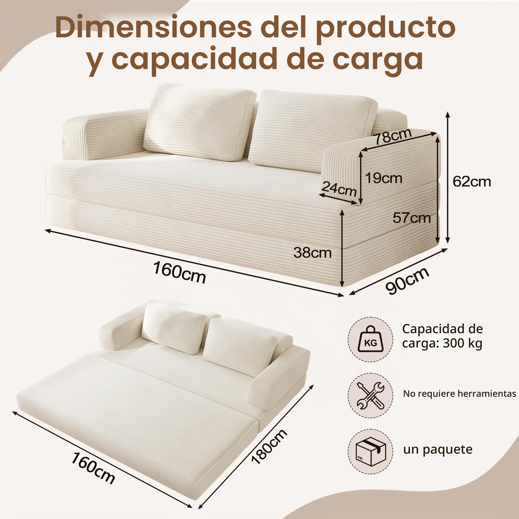 Sofá Cama 2 Plazas 160 cm, Sofá de Suelo Modular con Función de Dormir, Sofá de Nubes de Pana con Cojín para Sala de Estar y Dormitorio (Blanco)