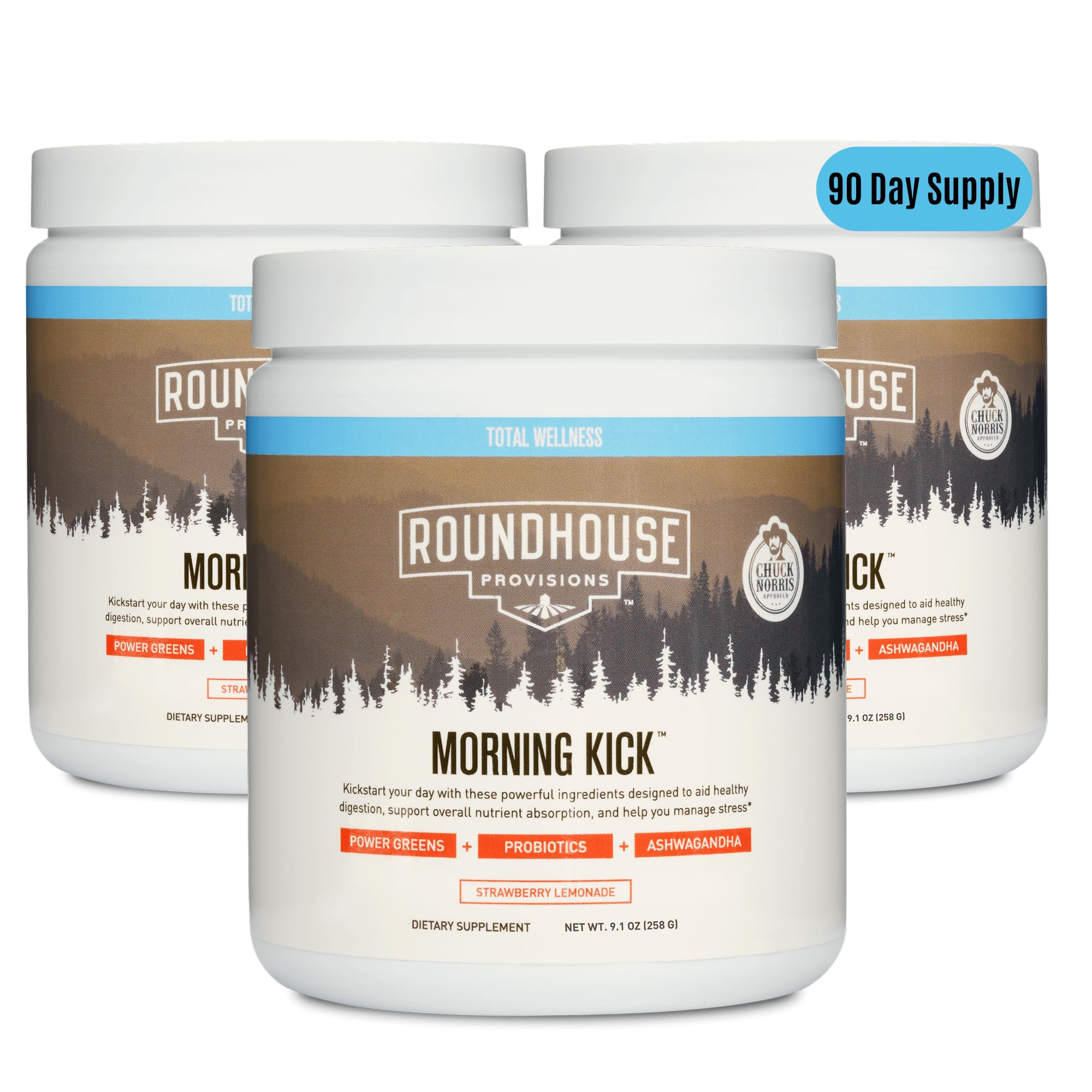 - Morning Kick, Greens Superfood Powder Supplement with Ashwagandha, Collagen & Probiotics - Sugar Free, Caffeine Free (3 Pack, Strawberry Lemonade Flavor) by Chuck Norris