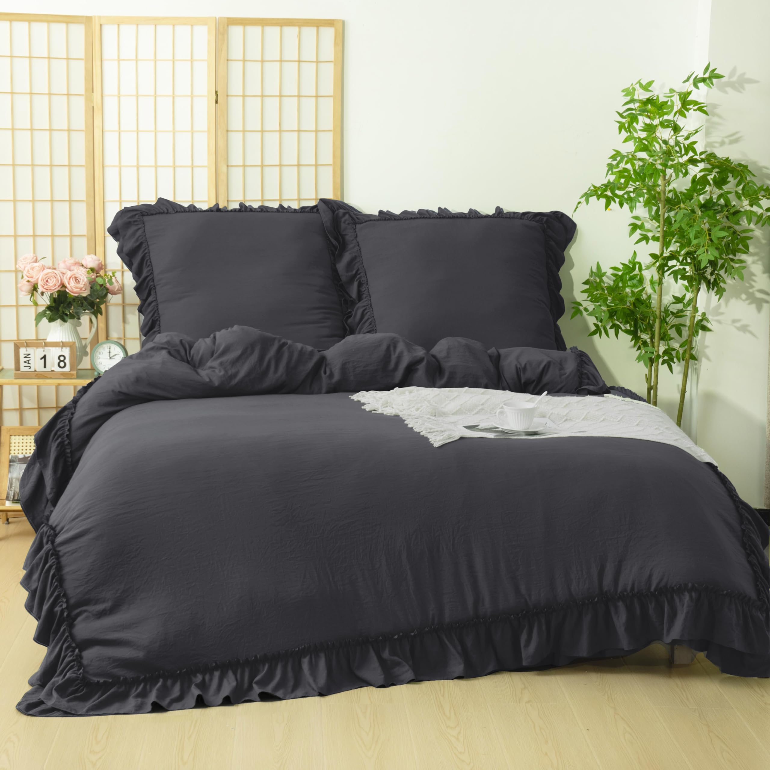 Parure de lit à volants 200 x 220 cm en microfibre super douce haut de gamme gris foncé