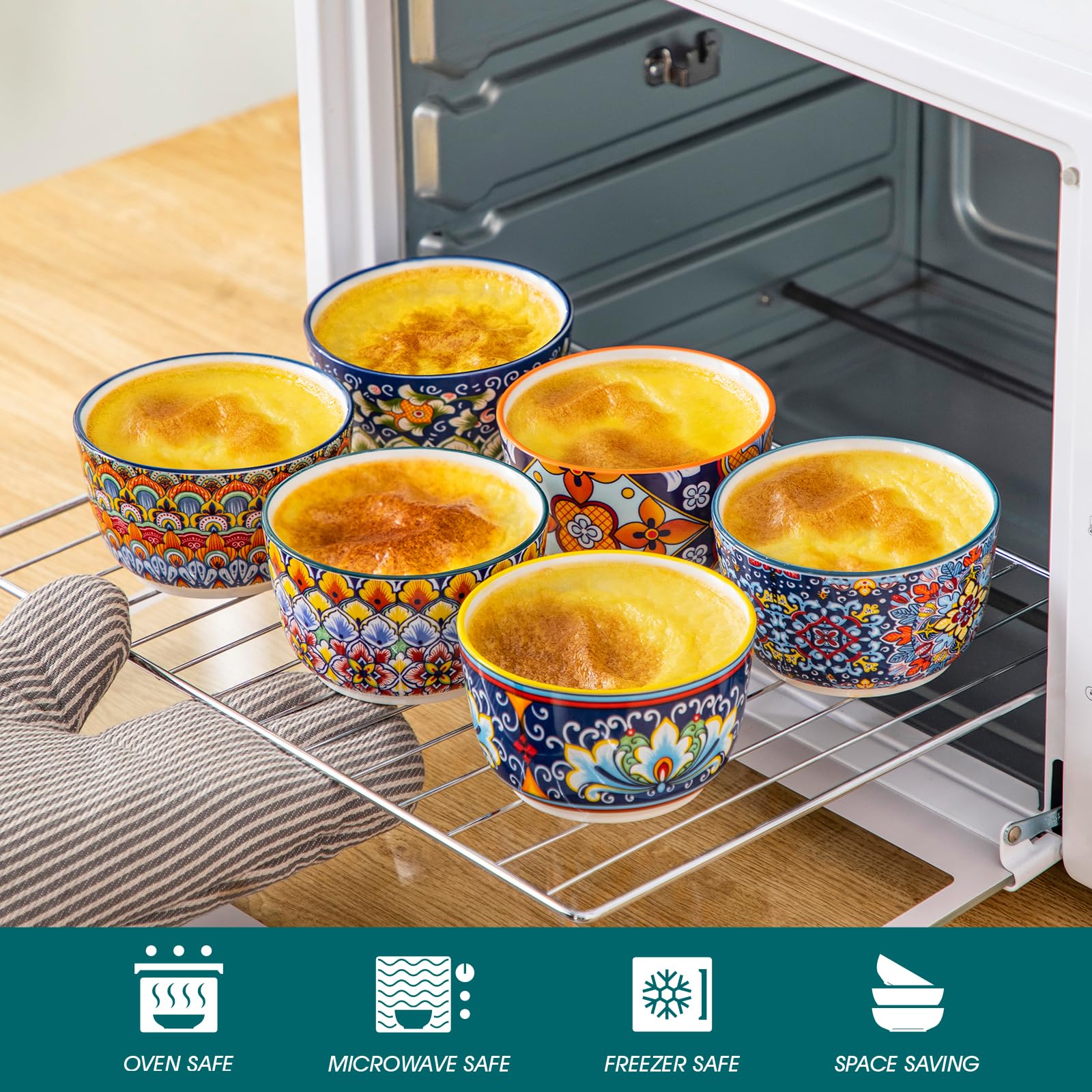 vancasso Creme Brulee Schälchen 240ml, SIMI Souffle Förmchen Backofenfest, Ofenfeste Förmchen 6er Set, Creme Brulee Schalen, Keramik Ramekins für Ragout Fin Schalen, Vibrant Bohemian Mini Auflaufform