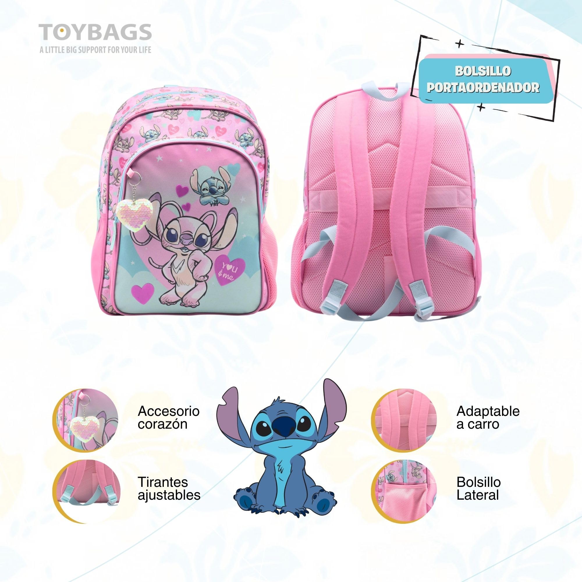 TOYBAGS Mochila Escolar Angel & Stitch - Doble Compartimento - CON ACCESORIO CORAZON - Compartimento portalaptop - Espaldera acolchada - 44.5 X 32 X 21 CM.