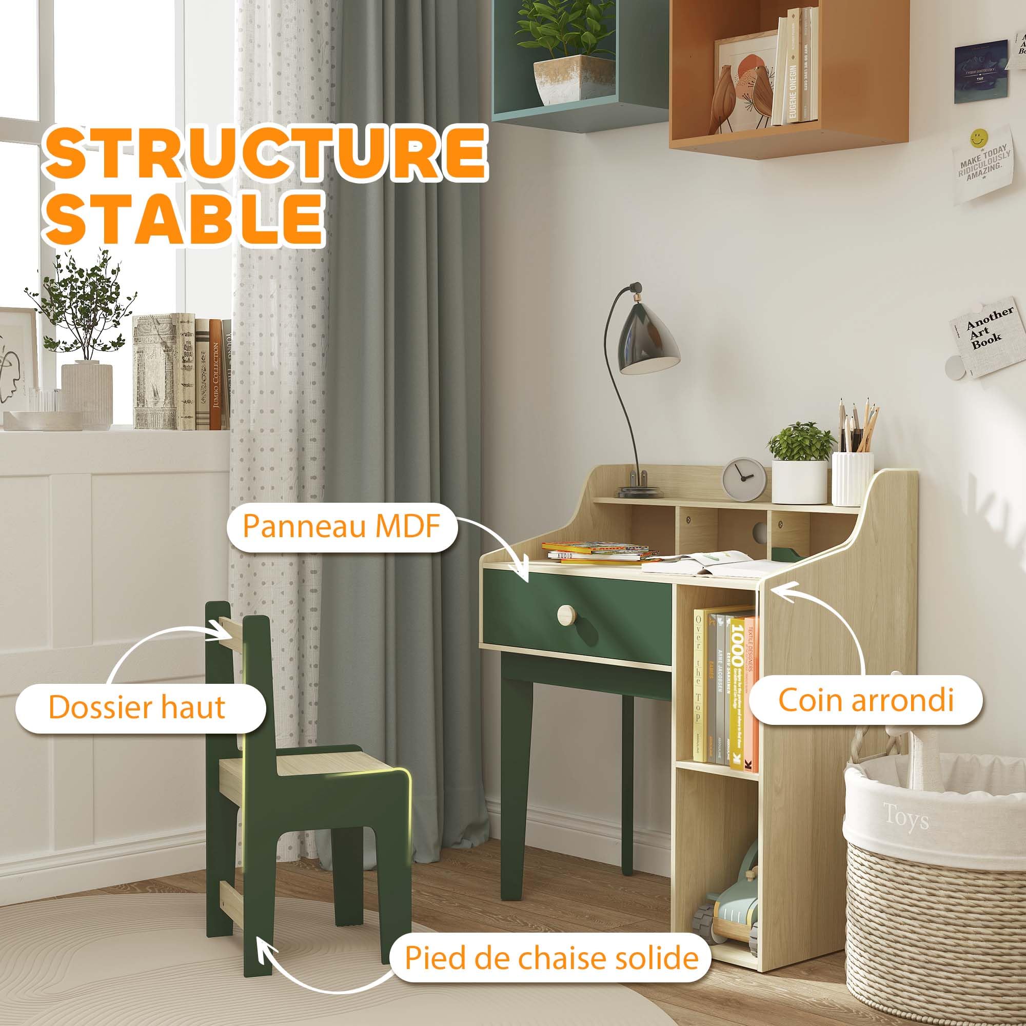AIYAPLAY Ensemble Bureau et Chaise pour Enfant 3 à 10 Ans, Bureau Enfant Garçon Fille avec Chaise et Étagères, Table pour Étude et Travail, Vert et Bois Naturel