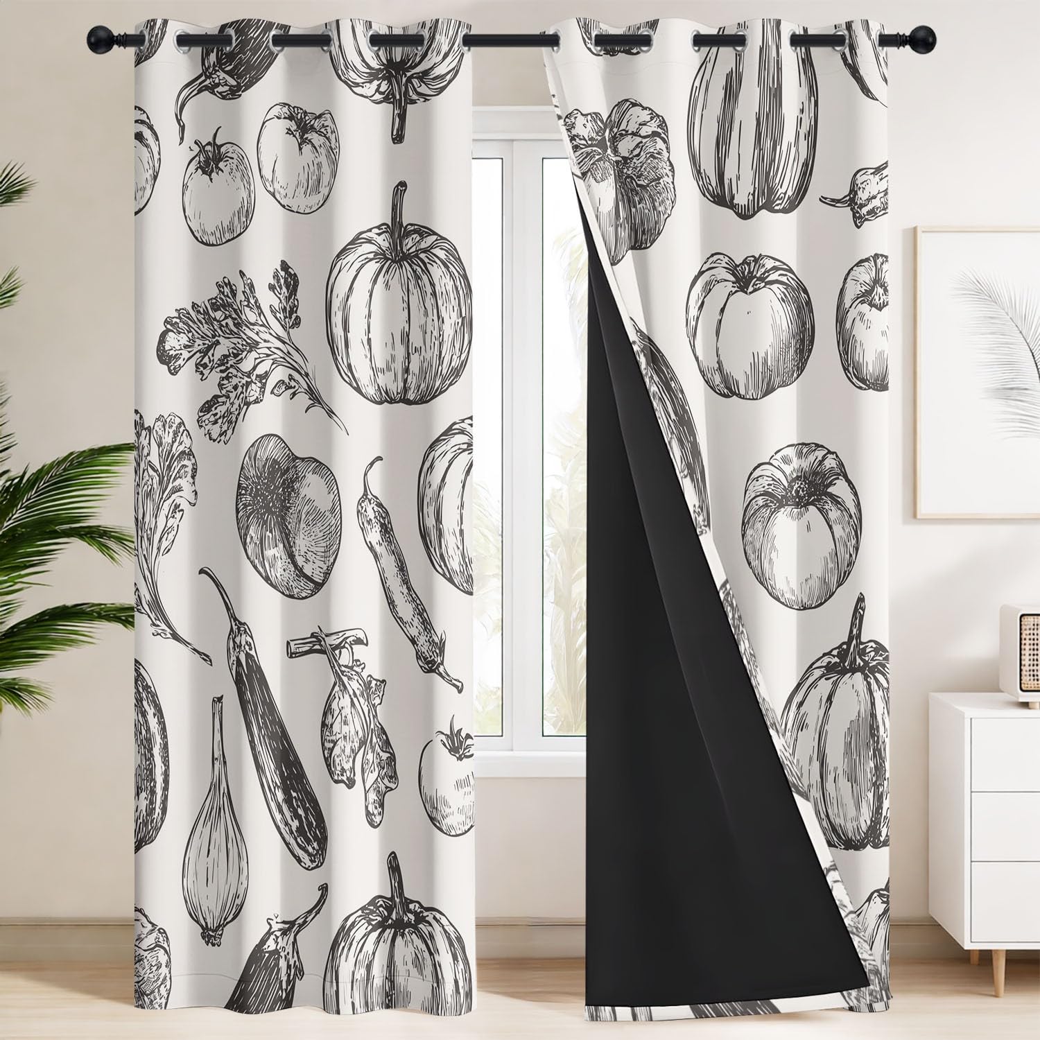 Generisch Früchte Gemüse Weiß Verdunklungsvorhänge mit Ösen Bauernhof Rustikal Blickdichte Gardinen Blackout Vorhang Thermo Weich für Schlafzimmer und Wohnzimmer 2er Set B 91.5 x H 214 cm