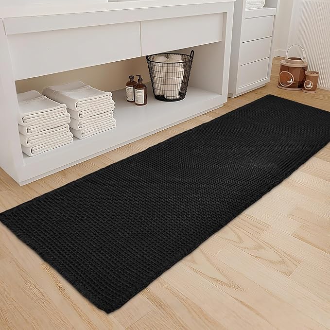 ZALL Waffle Bath Mat Black Super Absorbent Non Slip Bathroom Rug,Rhombus Geometric 24X72inch,Machine Washable Ultra Soft Floor Mats