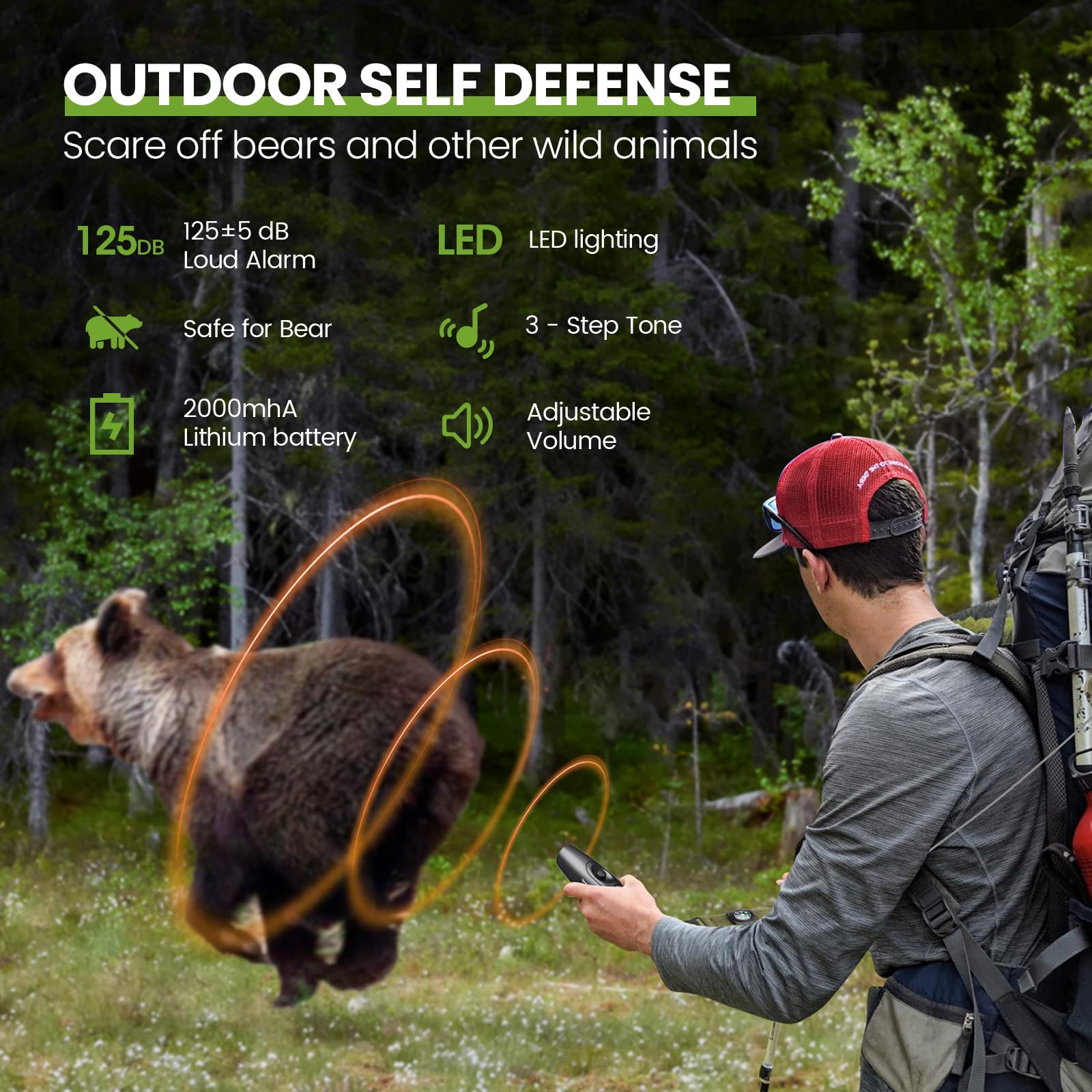 UNIWA Bocina electrónica de oso de aire, bocina de aire fuerte de 120±5 dB para seguridad, senderismo, camping, silbato de emergencia con brújula y termómetro, cuerno de oso para asustar a los osos