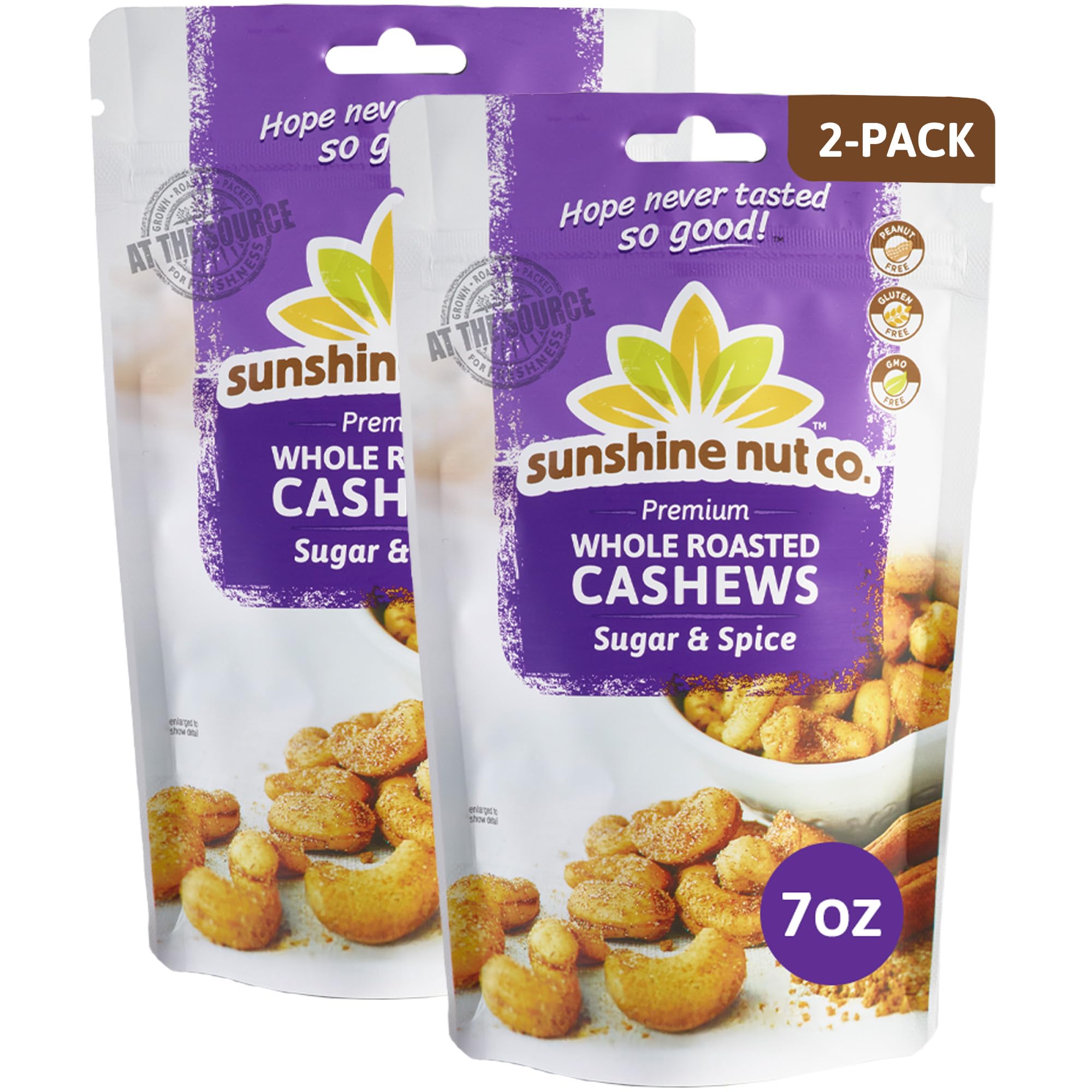 - Sunshine Nut Company Whole Roasted Lightly Salted Cashews, Sugar and Spice Flavor, 2 Pack, 7 oz. Each, Gluten Free, Peanut Free and Vegan Individual Snack Packs for Kids and Adults, GMO Free