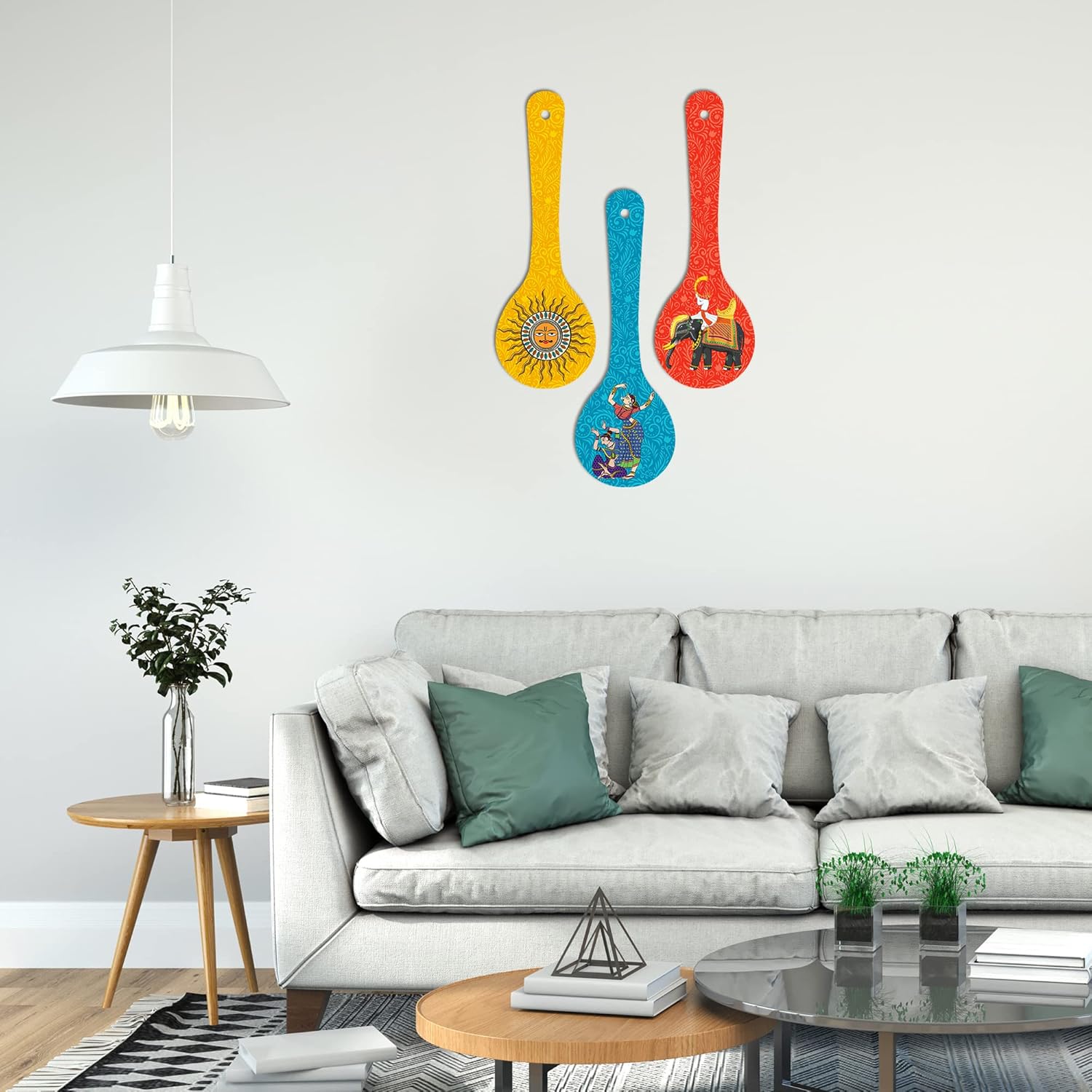 Artvibes Dancing Women Elephant & Sun Traditional Indian Folk Art Decorative MDF Wooden Wall Art for Home | Home Decor | Wall Accent | Wall Art Print | Unique Gift Items (WH_5010NN), Set of 3