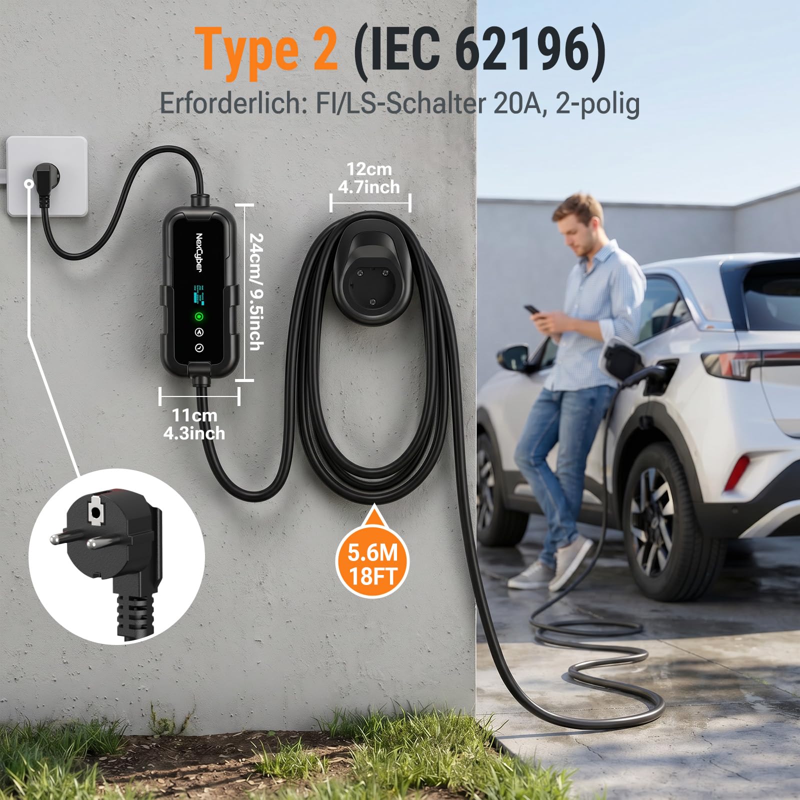 Cargador Coche Electrico 3.68kW móvil con App y OLED,5,6m monofásico 230V,8-16A Ajustable,Enchufe CEE 20A 2 Polos IP66+FI,Tipo 2,Montaje Mural y portátil,para Model 3/Y, ID.3, etc. BEV/PHEV
