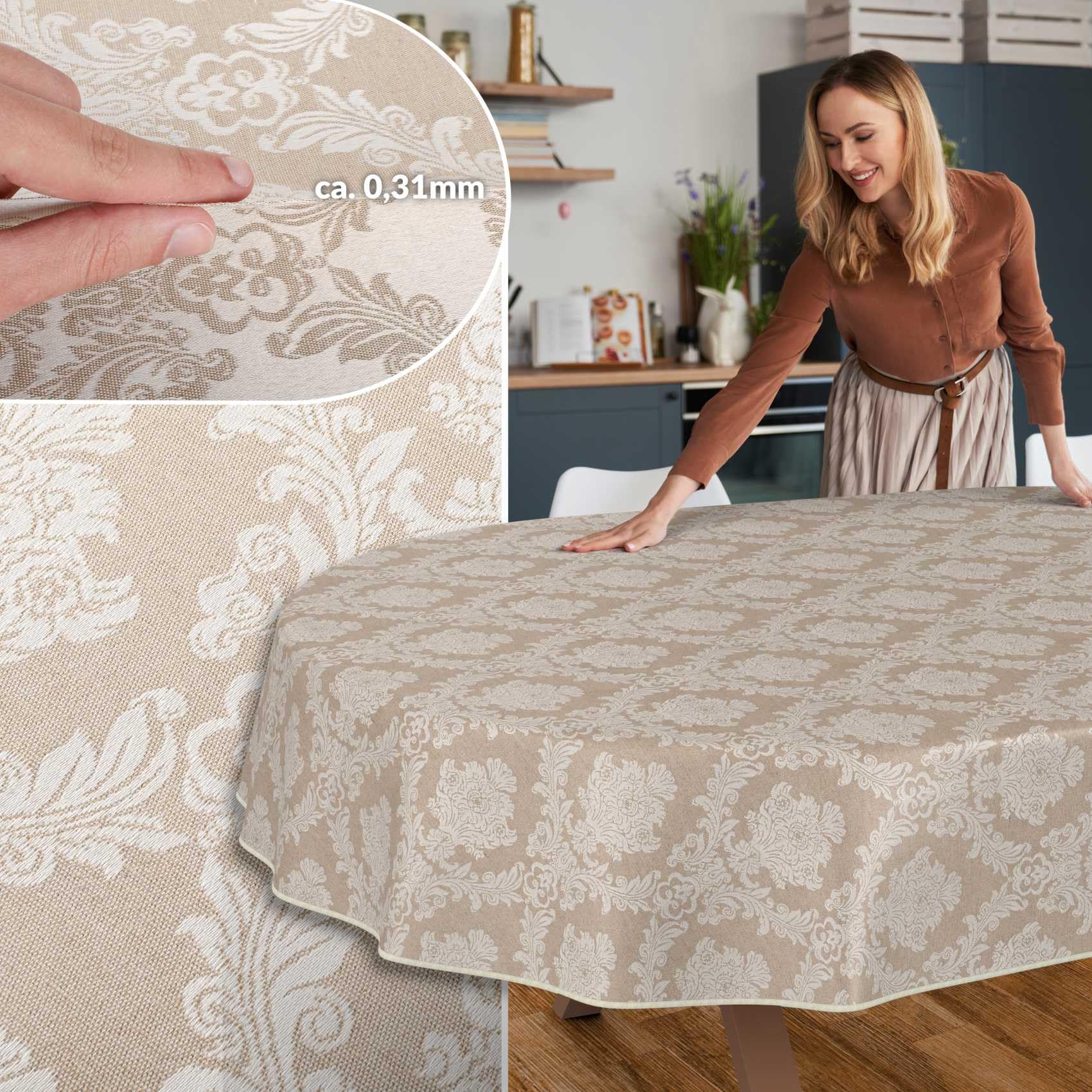 ANRO Mantel de Mesa Tela 70% Algodón 30% Poliéster Lavable Ornamento Damasco Jacquard Beige Borde Cortado 260x140 cm
