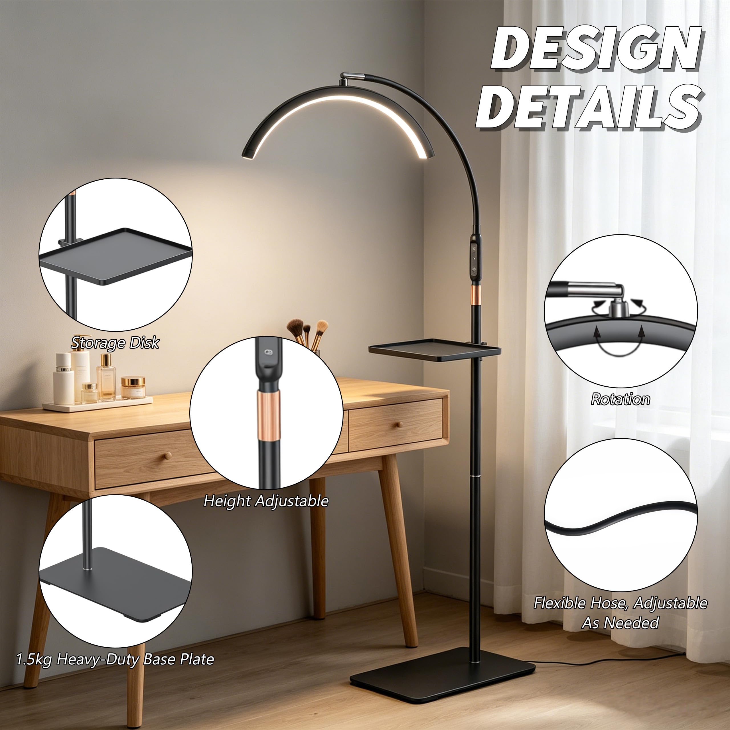 Halbmond Lampe Kosmetik, 320° Drehbarer Kosmetiklampe mit 3 Farbtemperaturen, Kosmetik Lampe Stehend, Höhenverstellbar Wimpernlampe für Wimpernverlängerung Make-up Tattoos Nageldesign