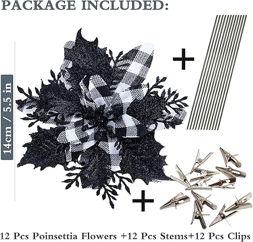 Miniatura 2 de GREENTIME 12 piezas de flores de Pascua artificiales con purpurina de 5.5 pulgadas, clips de búfalo de Navidad, adornos para árbol de Navidad,