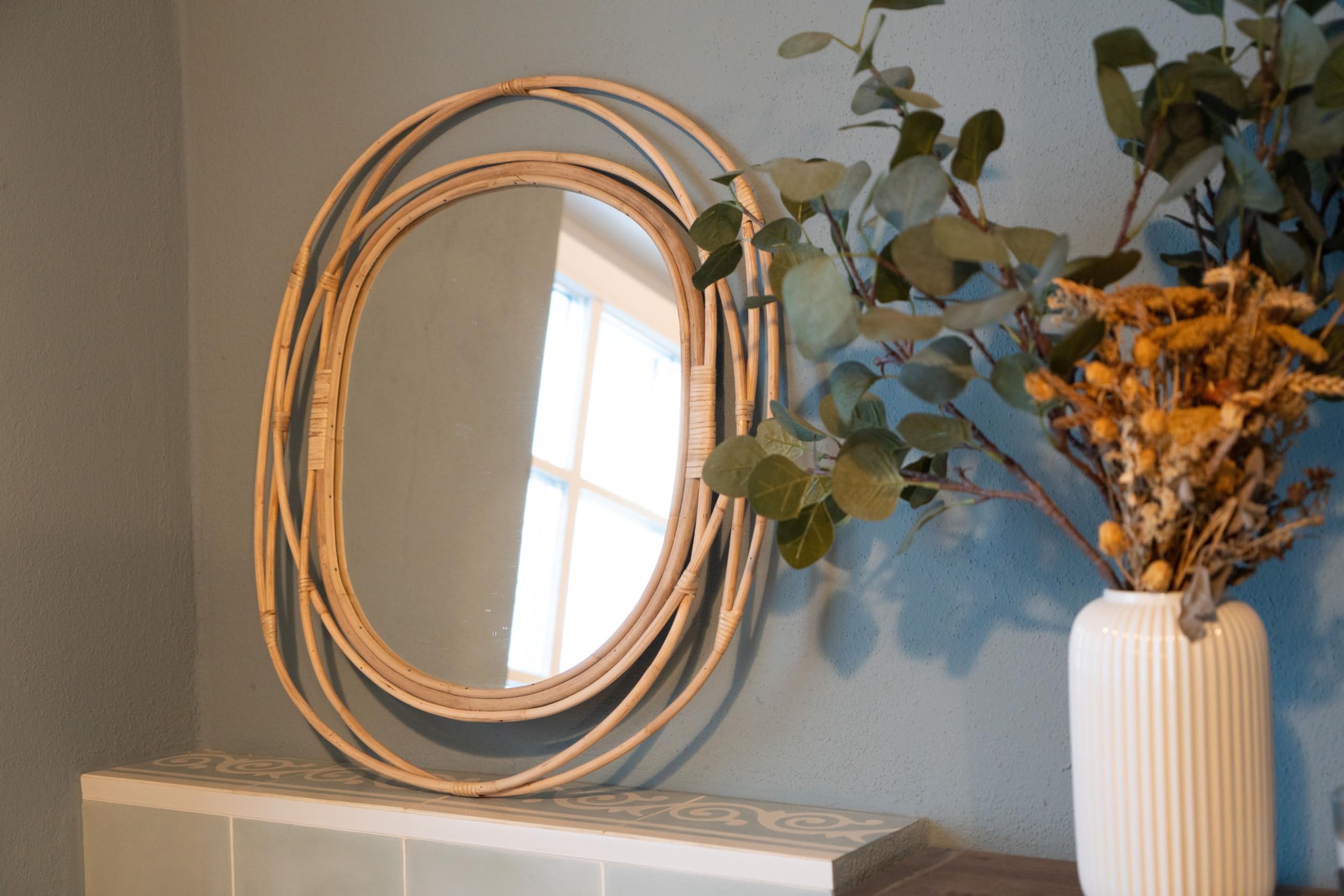 Decorasian Miroir rond en rotin - Miroir bohème ou décoration murale en rotin - Miroir mural rond