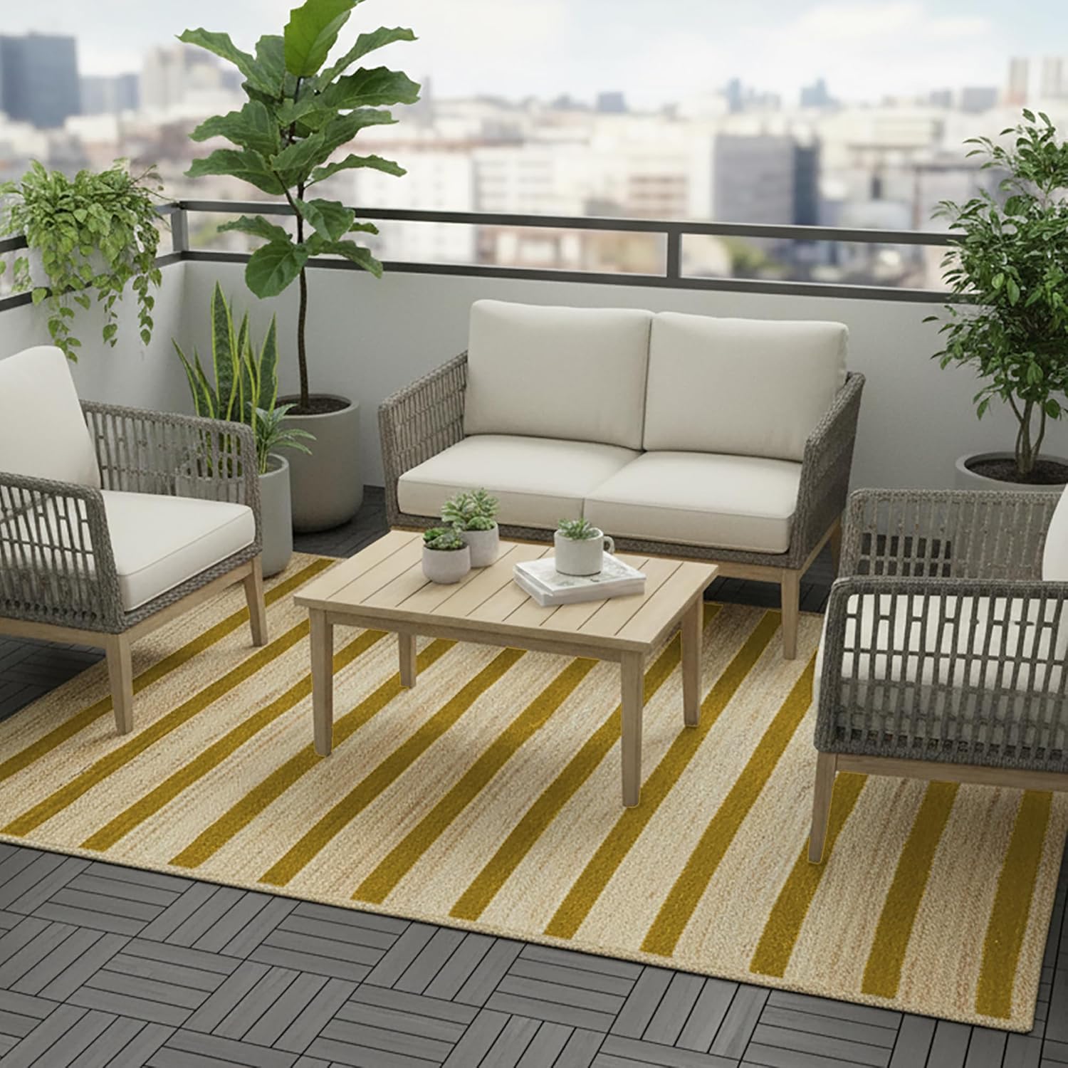 Hand Braided Jute 10x18 Kilim Flatweave Rug Thick 0.27" Yellow Striped Pattern Rugs for Living Room Kids Room Decorative Floor Indoor Outdoor Home/Office Decor Carpet